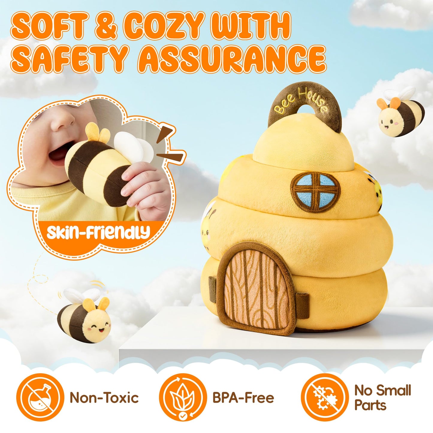 Lanbeby Beehive Infant Toy for 6–12 Months – 5 Sensory Bees, Crinkle, Rattle, Mirror & Music
