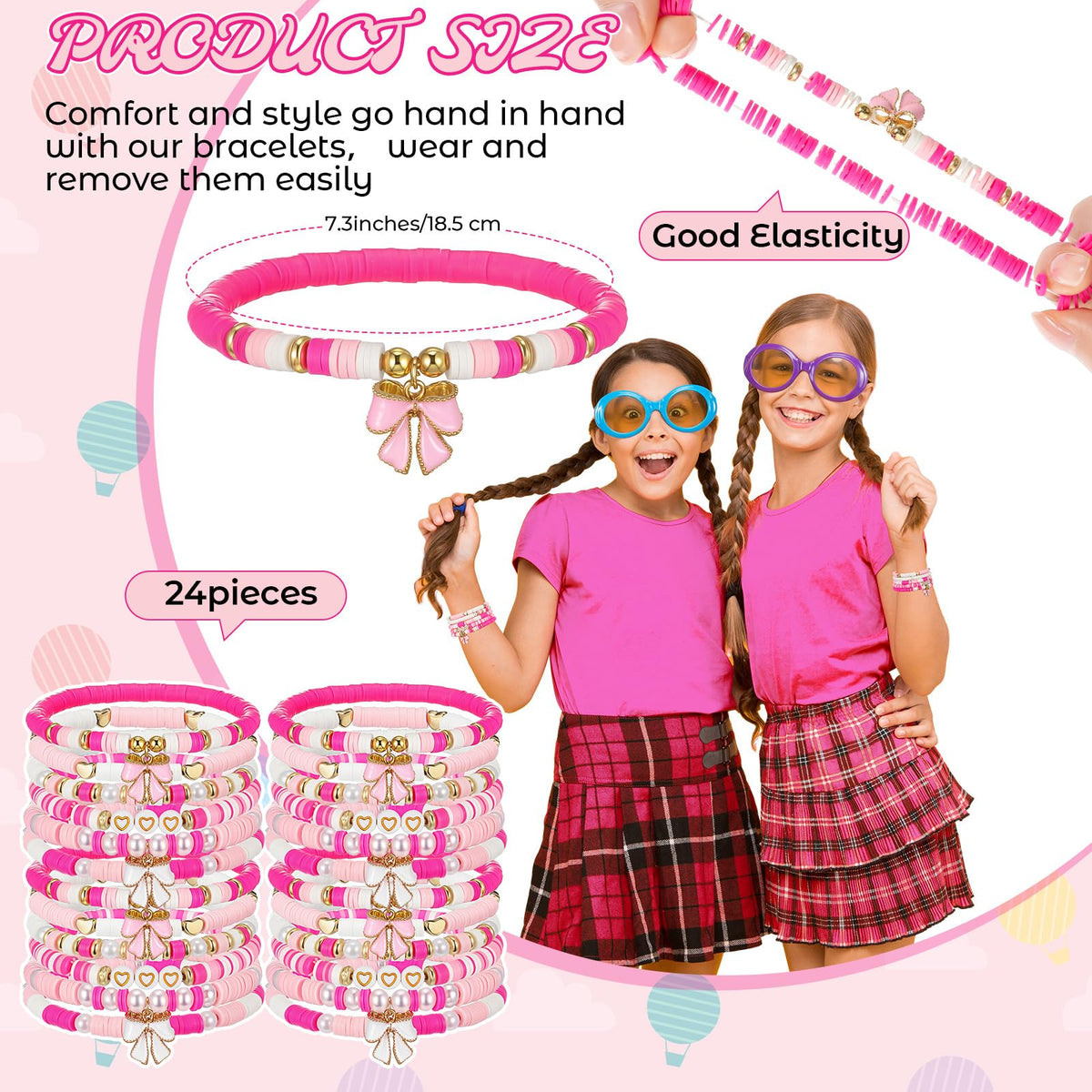 Landical 24 Pcs Valentine Bow Bracelet Set – Pink Coquette Beaded Party Bracelets