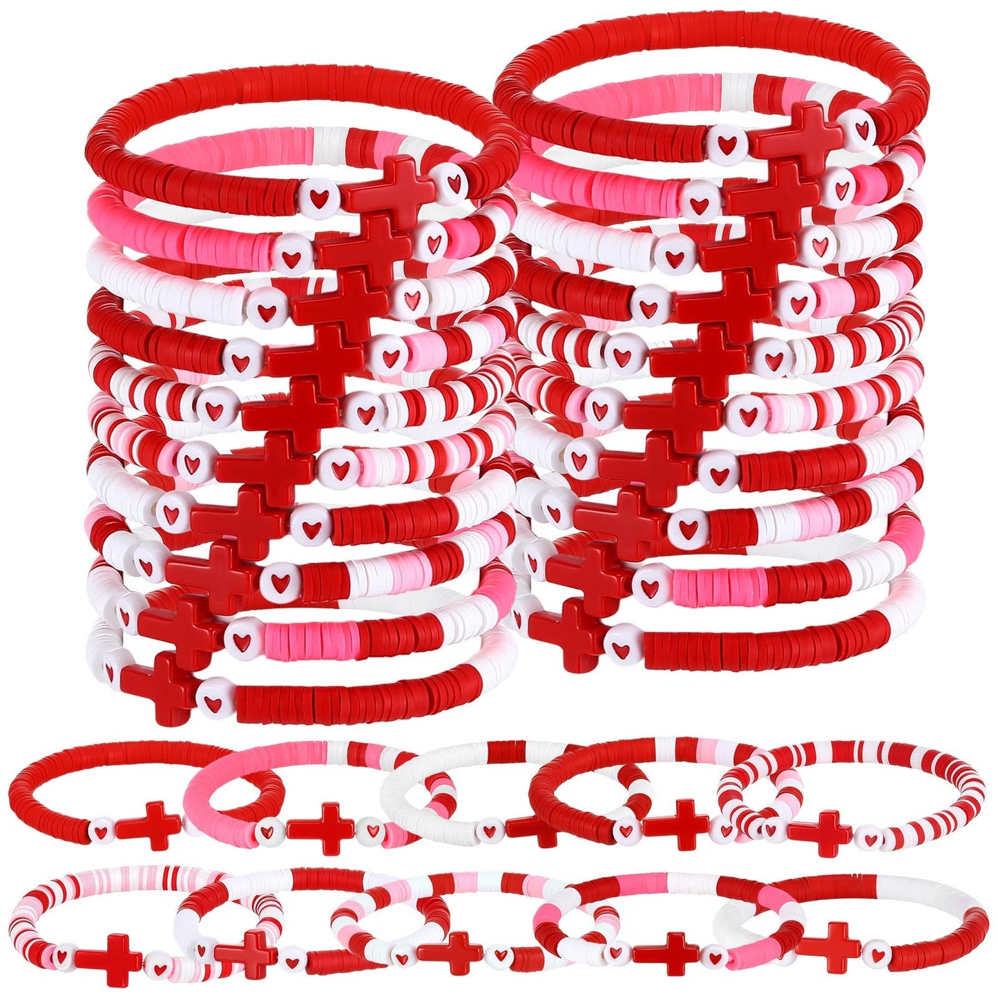 Landical 30 Pcs Cross Bracelets Bulk – Elastic Polymer Clay Bead Wristbands (Valentine Theme)