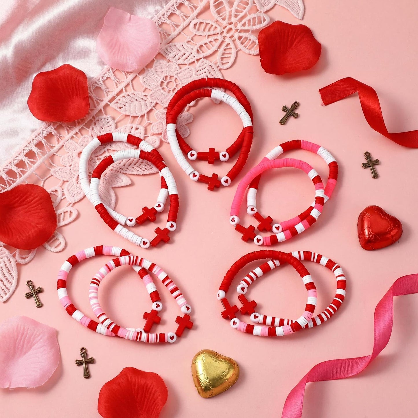 Landical 30 Pcs Cross Bracelets Bulk – Elastic Polymer Clay Bead Wristbands (Valentine Theme)