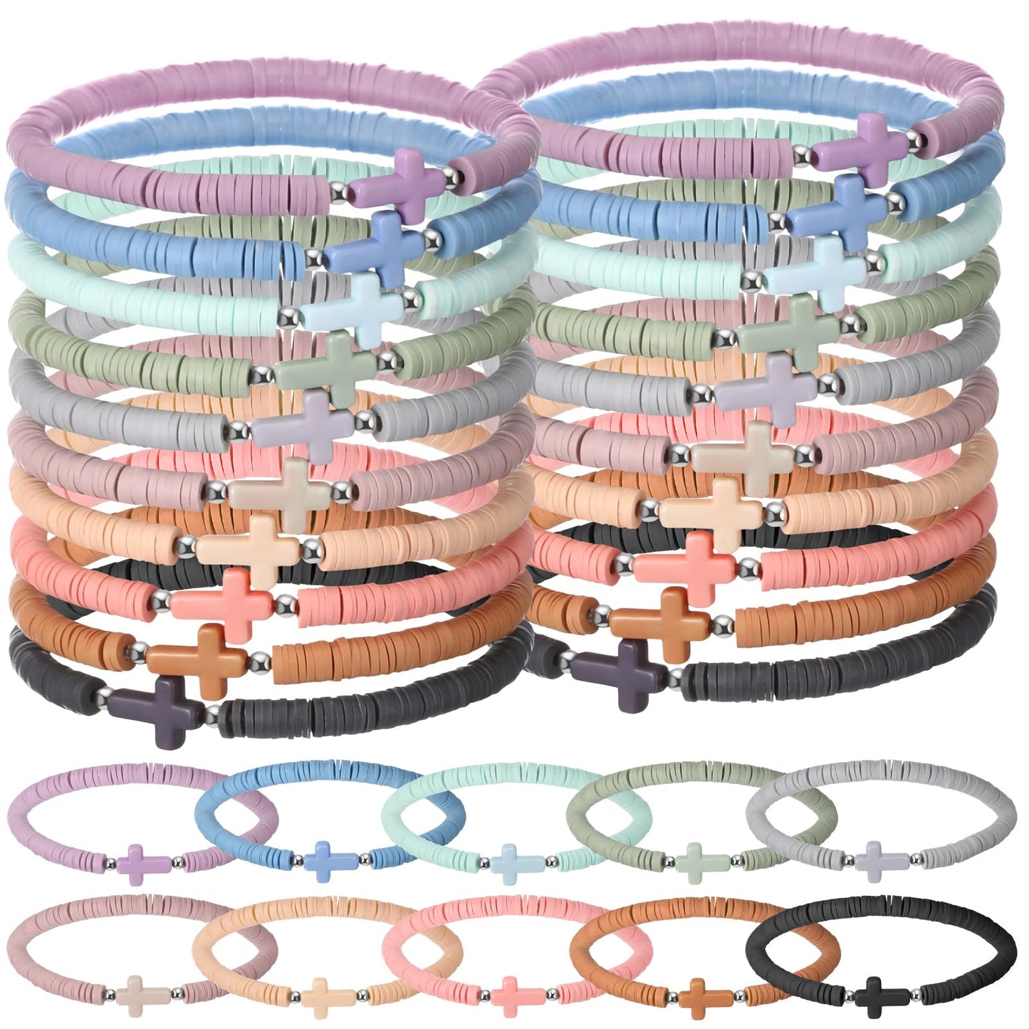 Landical 50-Piece Cross Bracelets Bulk – Morandi Color Elastic Polymer Clay Wristbands