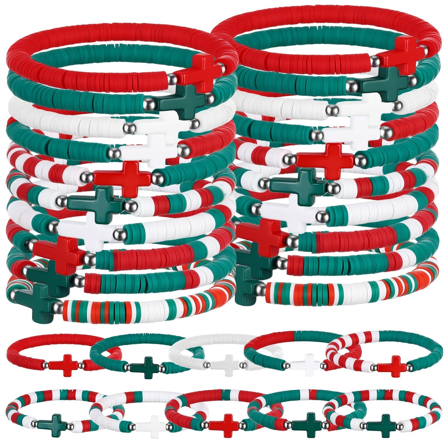 Landical 30-50 Pcs Cross Bracelets Bulk — Handmade Elastic Polymer Clay Bead Christian Wristbands