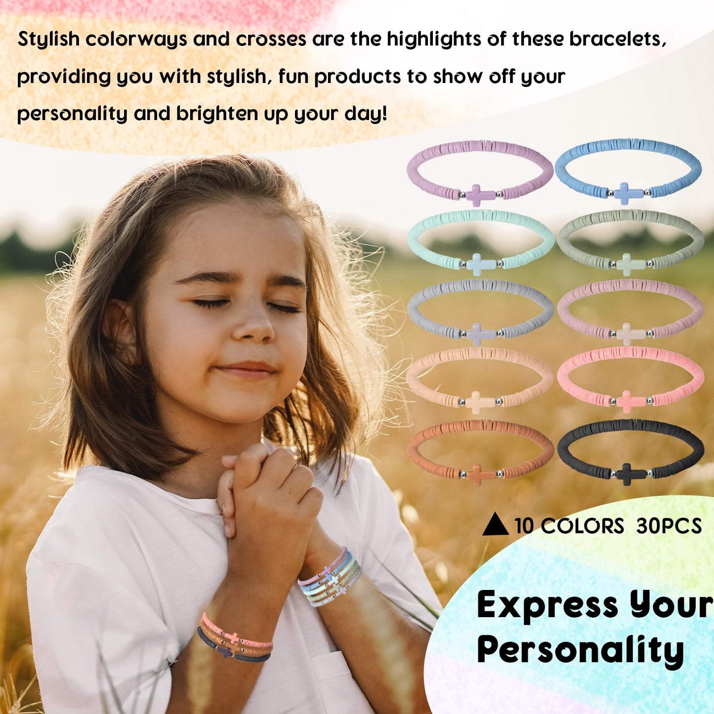 Landical 50-Piece Cross Bracelets Bulk – Morandi Color Elastic Polymer Clay Wristbands
