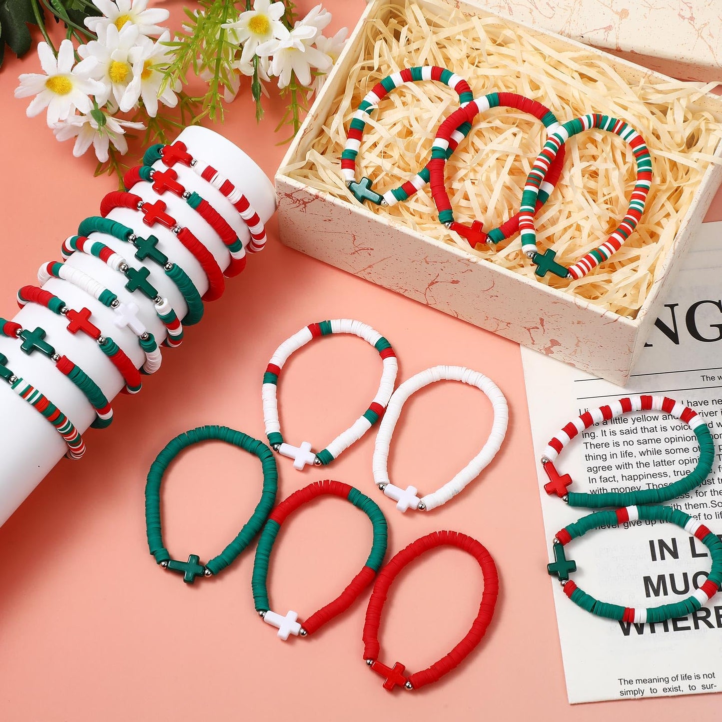 Landical 30-50 Pcs Cross Bracelets Bulk — Handmade Elastic Polymer Clay Bead Christian Wristbands