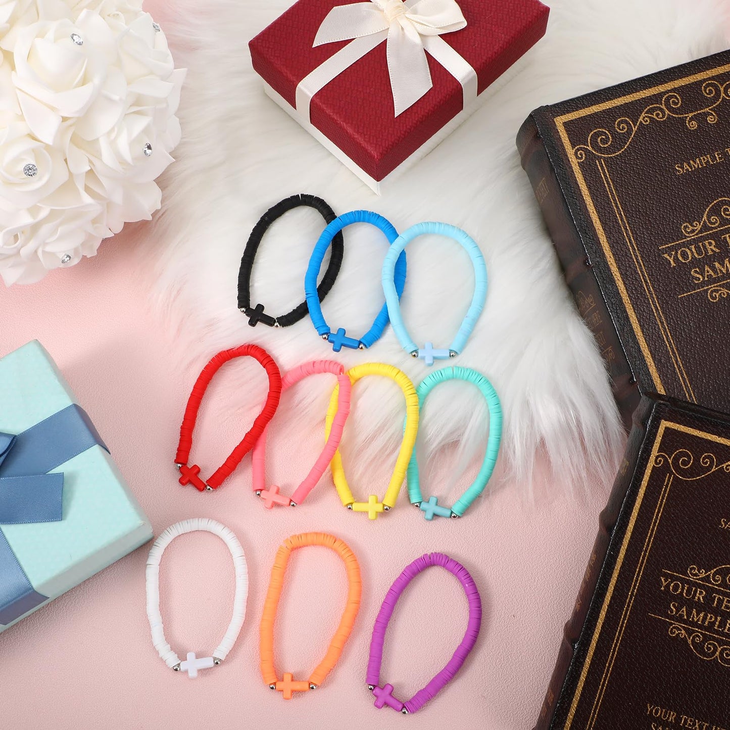 Landical Rainbow Cross Bracelets Bulk Pack – 50 Pcs Elastic Polymer Clay Bead Religious Wristbands