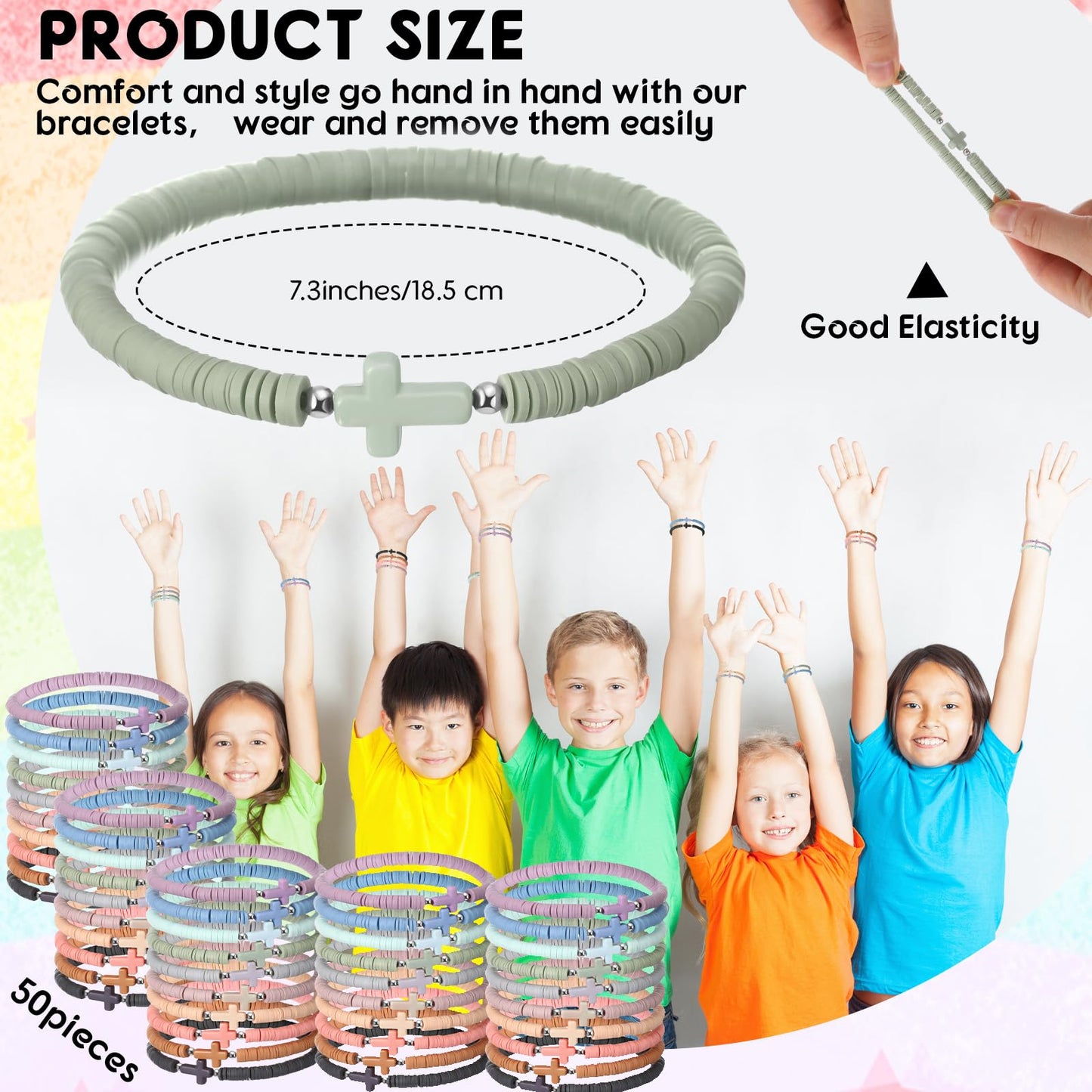 Landical 50-Piece Cross Bracelets Bulk – Morandi Color Elastic Polymer Clay Wristbands