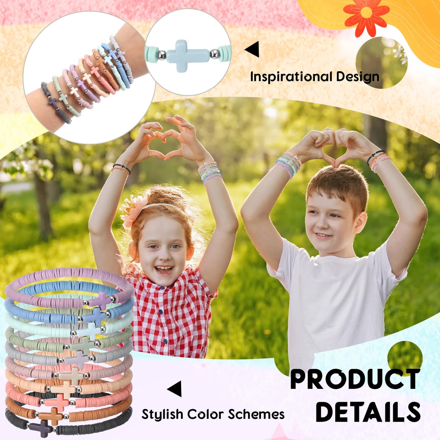 Landical 50-Piece Cross Bracelets Bulk – Morandi Color Elastic Polymer Clay Wristbands