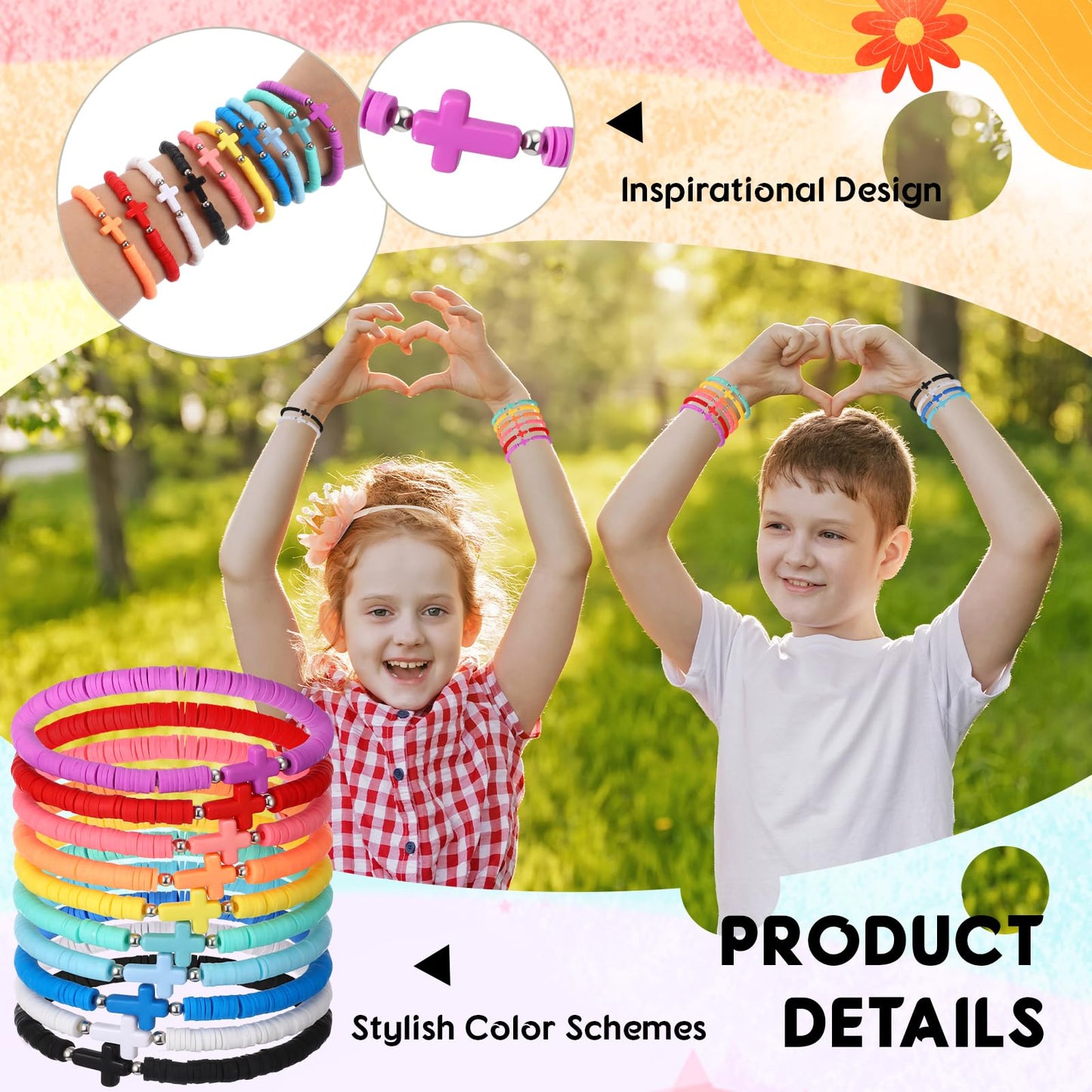 Landical Rainbow Cross Bracelets Bulk Pack – 50 Pcs Elastic Polymer Clay Bead Religious Wristbands