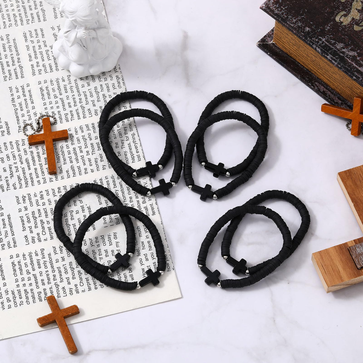 Landical Cross Bracelets Bulk — 30 Pcs Elastic Black Polymer Clay Bead Wristbands