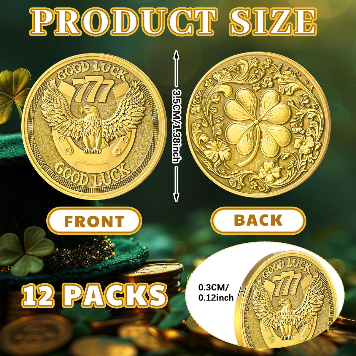 Landical 12 Pcs Lucky Coin – Four-Leaf Clover & Eagle Two-Sided Good Luck Charms