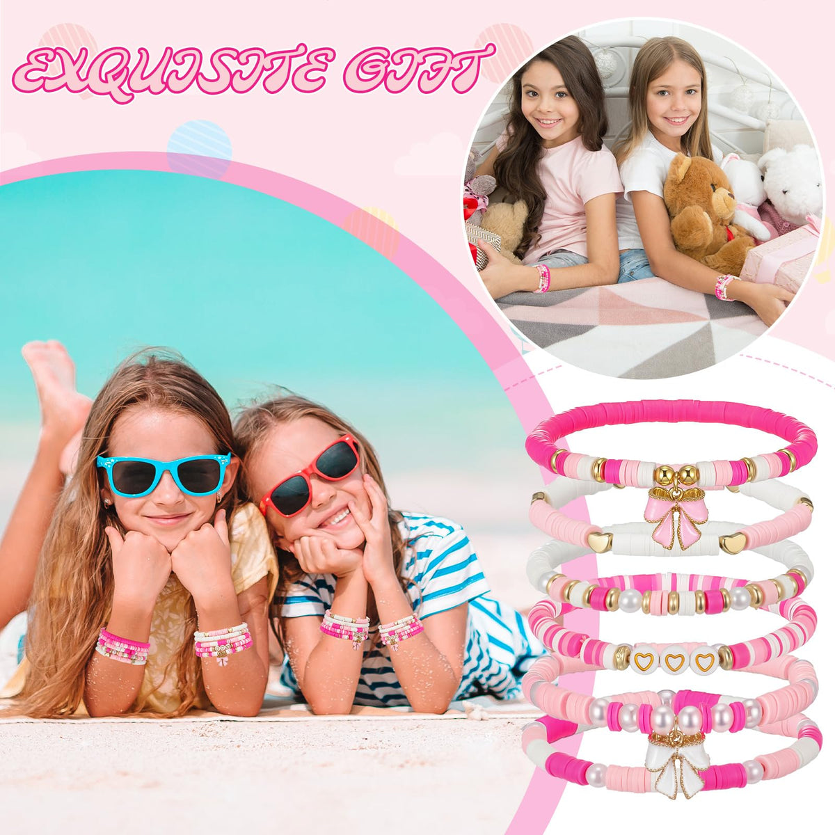 Landical 24 Pcs Valentine Bow Bracelet Set – Pink Coquette Beaded Party Bracelets