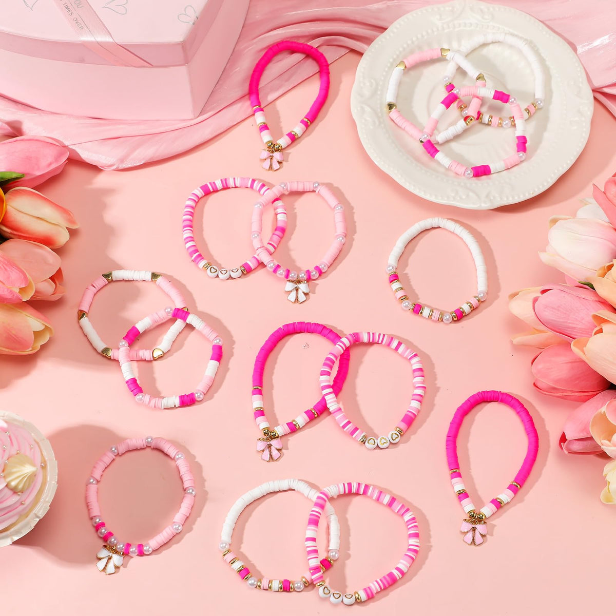 Landical 24 Pcs Valentine Bow Bracelet Set – Pink Coquette Beaded Party Bracelets