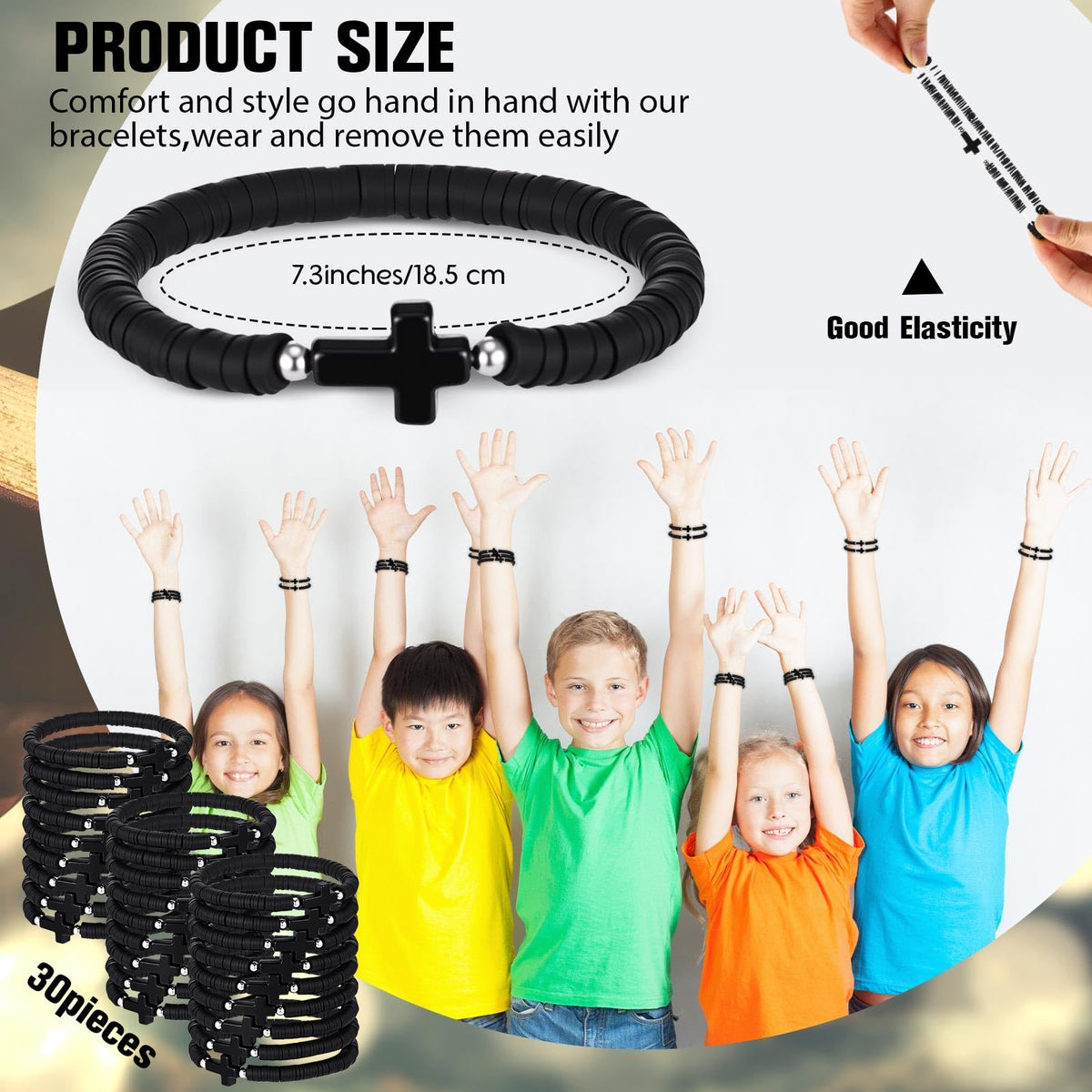 Landical Cross Bracelets Bulk — 30 Pcs Elastic Black Polymer Clay Bead Wristbands