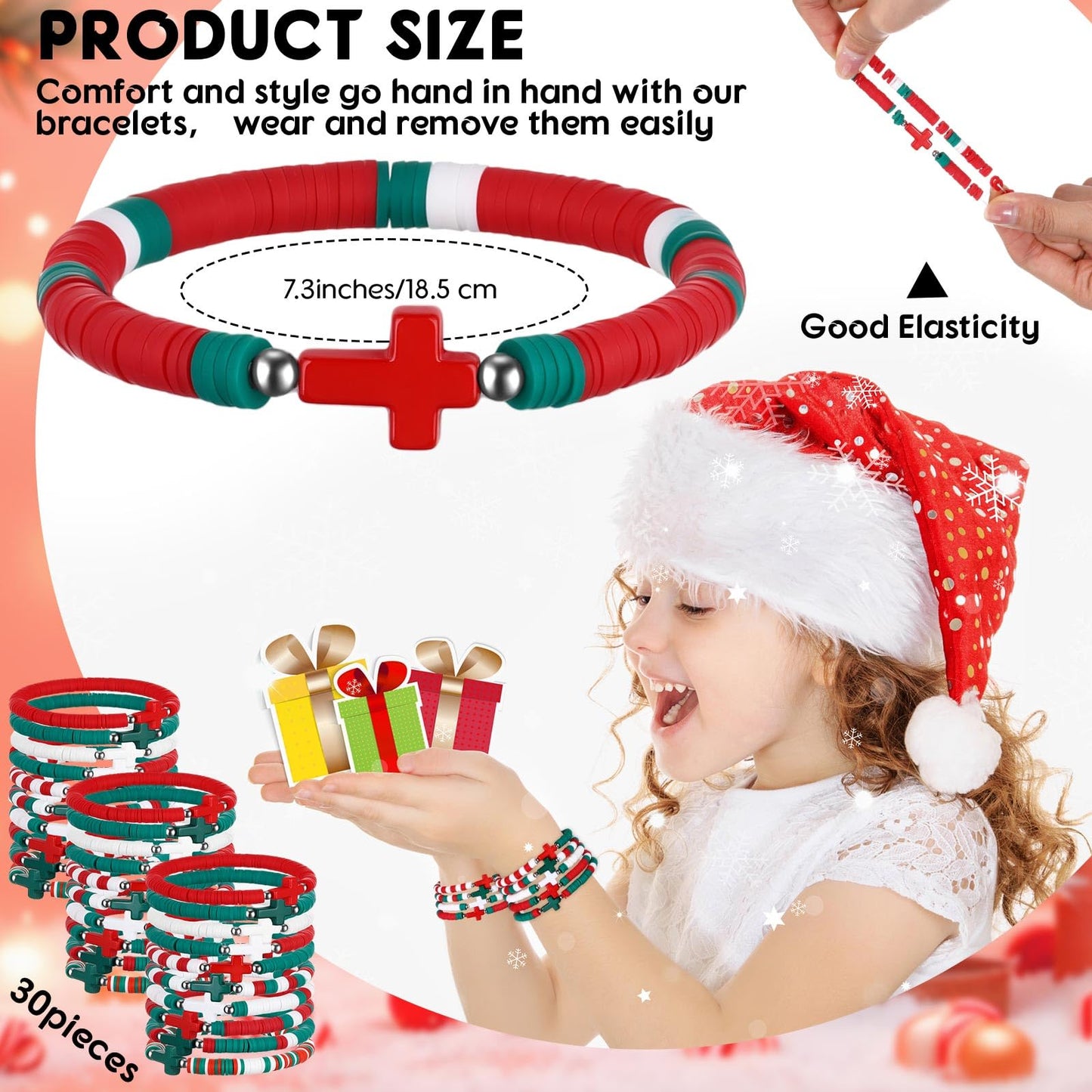 Landical 30-50 Pcs Cross Bracelets Bulk — Handmade Elastic Polymer Clay Bead Christian Wristbands