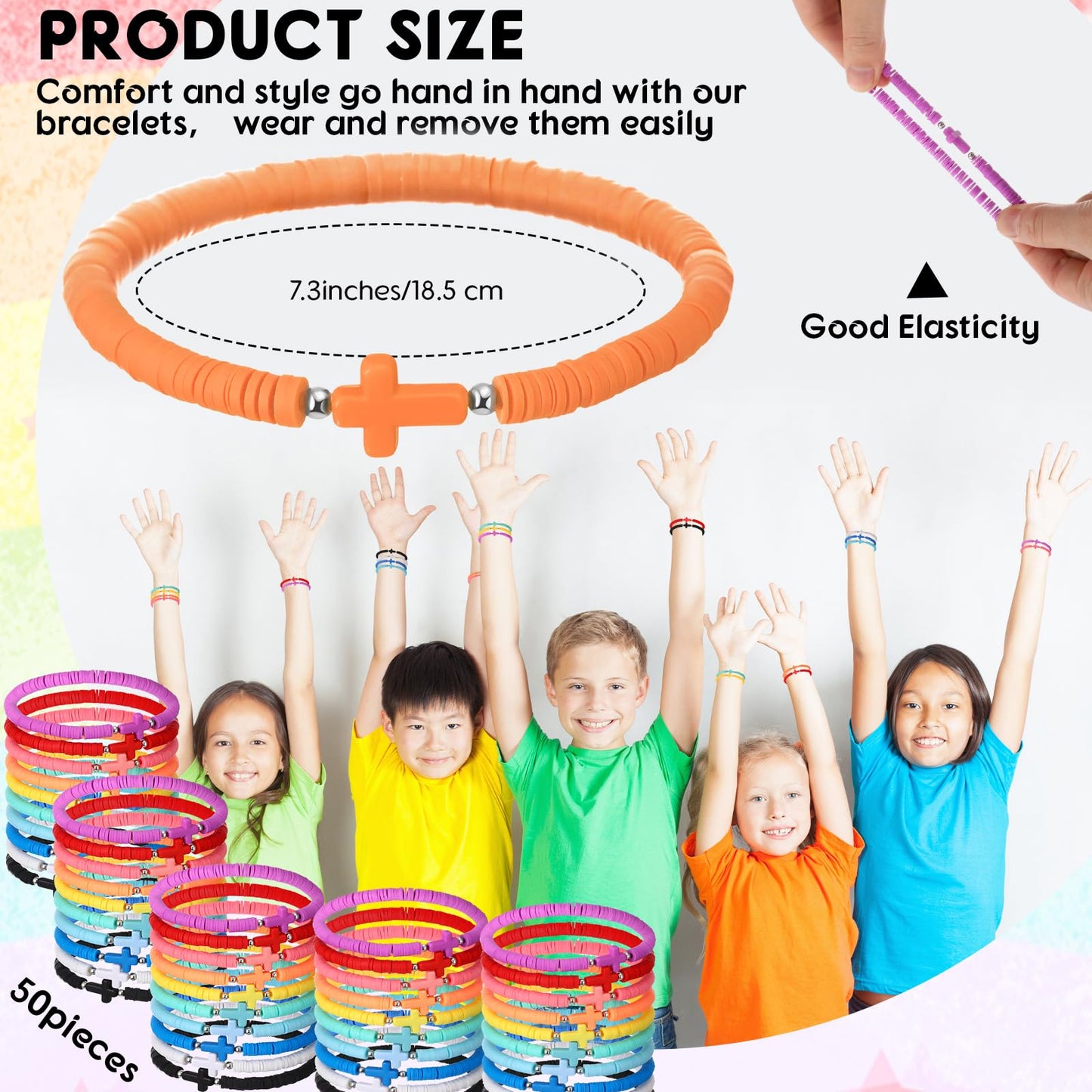 Landical Rainbow Cross Bracelets Bulk Pack – 50 Pcs Elastic Polymer Clay Bead Religious Wristbands