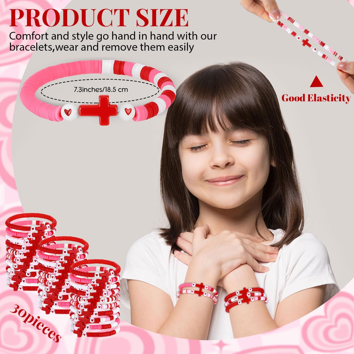 Landical 30 Pcs Cross Bracelets Bulk – Elastic Polymer Clay Bead Wristbands (Valentine Theme)