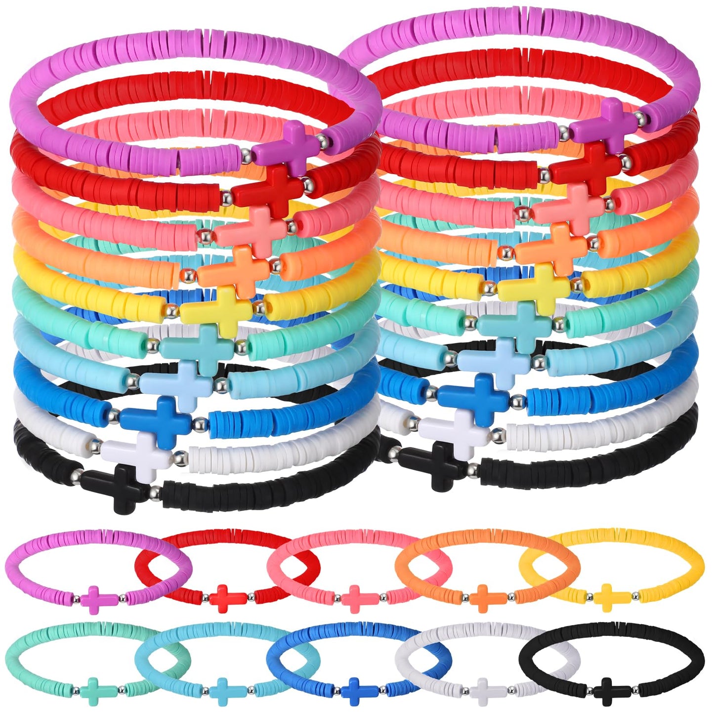 Landical Rainbow Cross Bracelets Bulk Pack – 50 Pcs Elastic Polymer Clay Bead Religious Wristbands