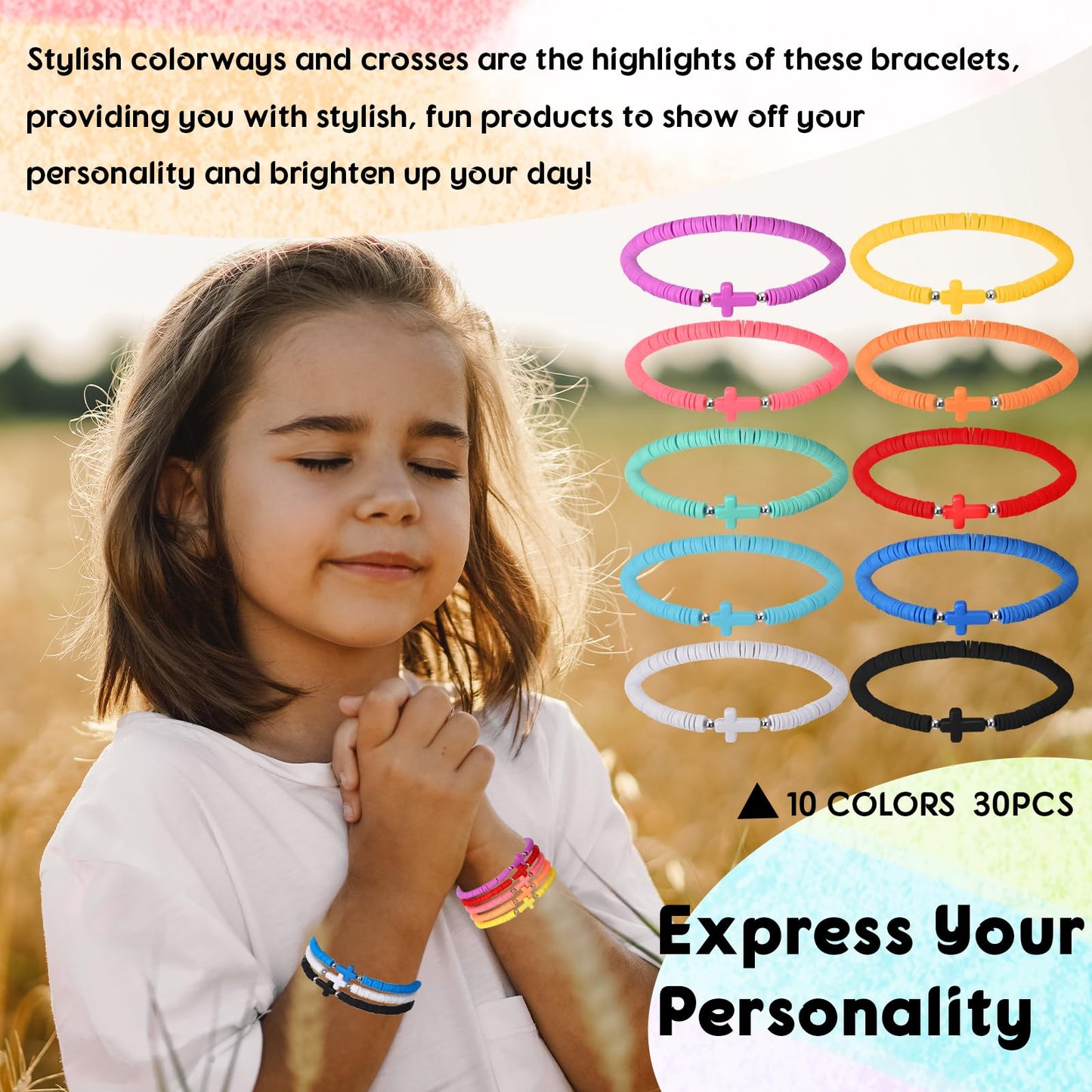 Landical Rainbow Cross Bracelets Bulk Pack – 50 Pcs Elastic Polymer Clay Bead Religious Wristbands