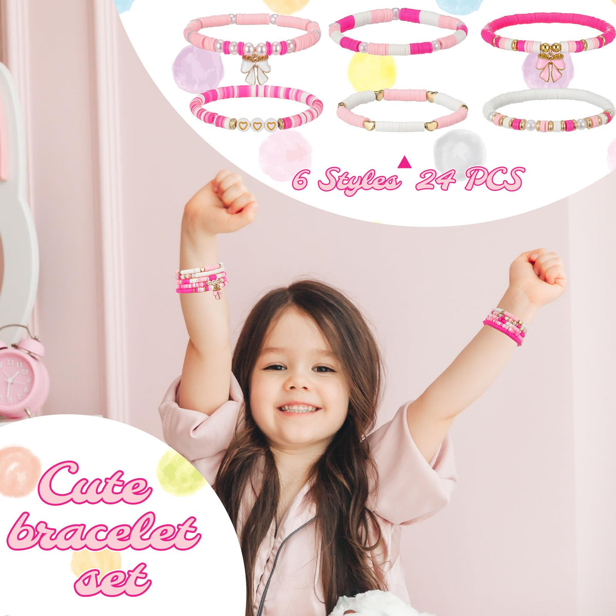 Landical 24 Pcs Valentine Bow Bracelet Set – Pink Coquette Beaded Party Bracelets