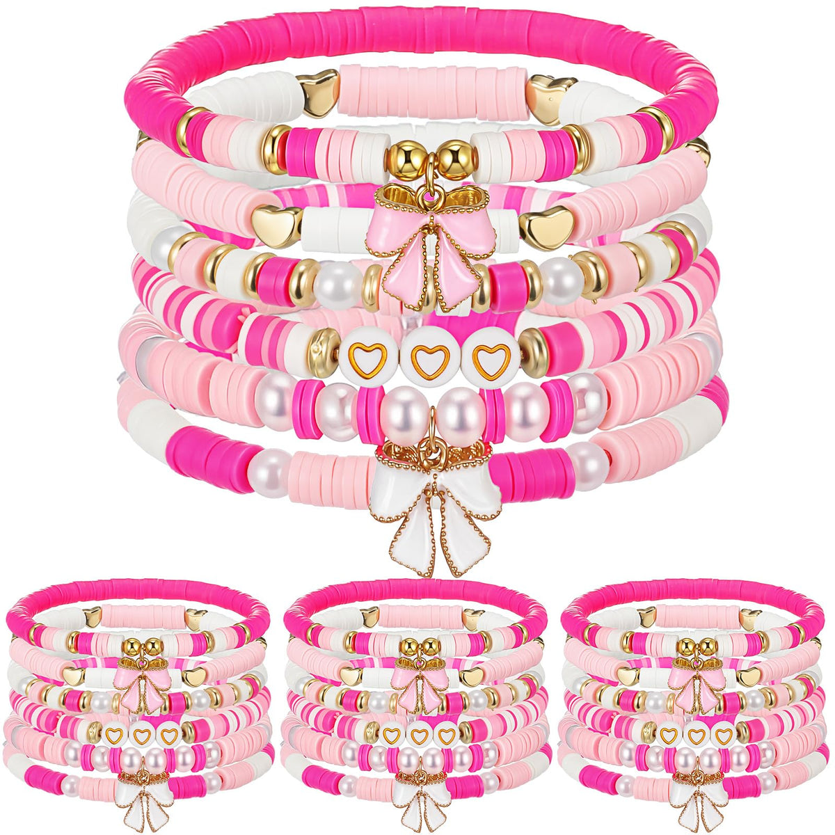 Landical 24 Pcs Valentine Bow Bracelet Set – Pink Coquette Beaded Party Bracelets