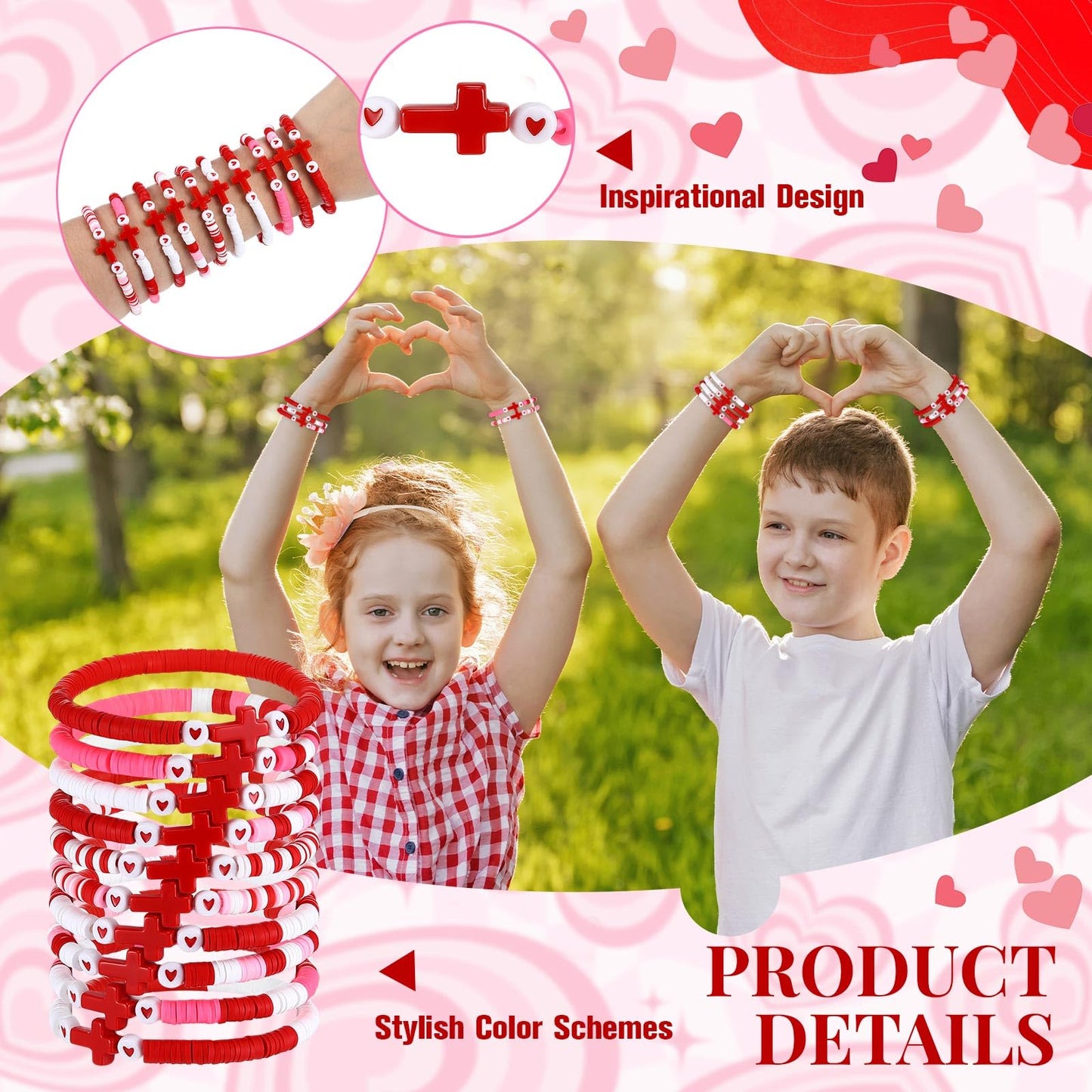 Landical 30 Pcs Cross Bracelets Bulk – Elastic Polymer Clay Bead Wristbands (Valentine Theme)