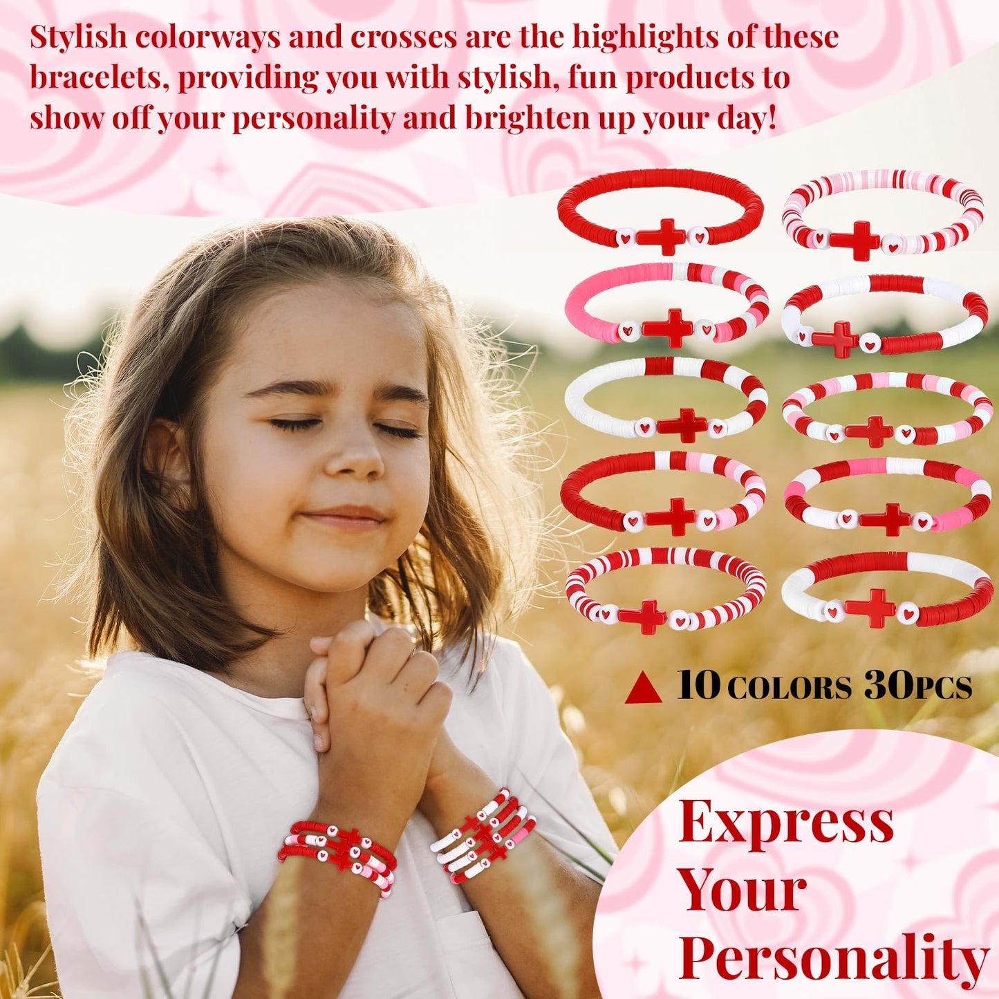 Landical 30 Pcs Cross Bracelets Bulk – Elastic Polymer Clay Bead Wristbands (Valentine Theme)