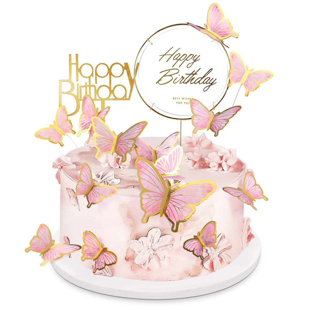 LANGPA 22-Pieces Butterfly Cake Decorations With Happy Birthday Acrylic Toppers Pink