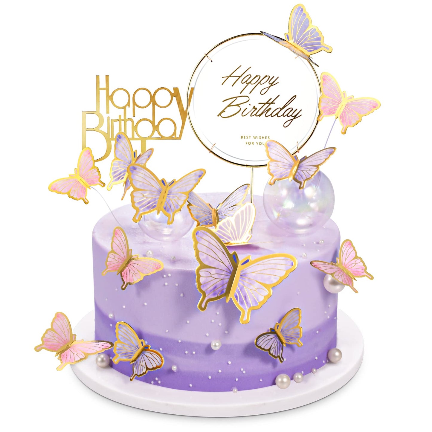 LANGPA 22-Pieces Butterfly Cake Decorations with Happy Birthday Toppers – Purple & Pink