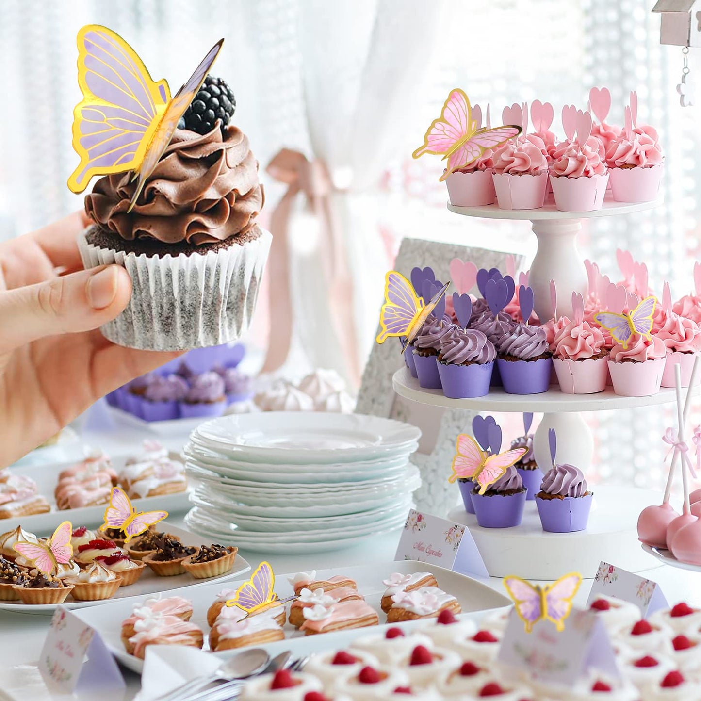 LANGPA 22-Pieces Butterfly Cake Decorations with Happy Birthday Toppers – Purple & Pink