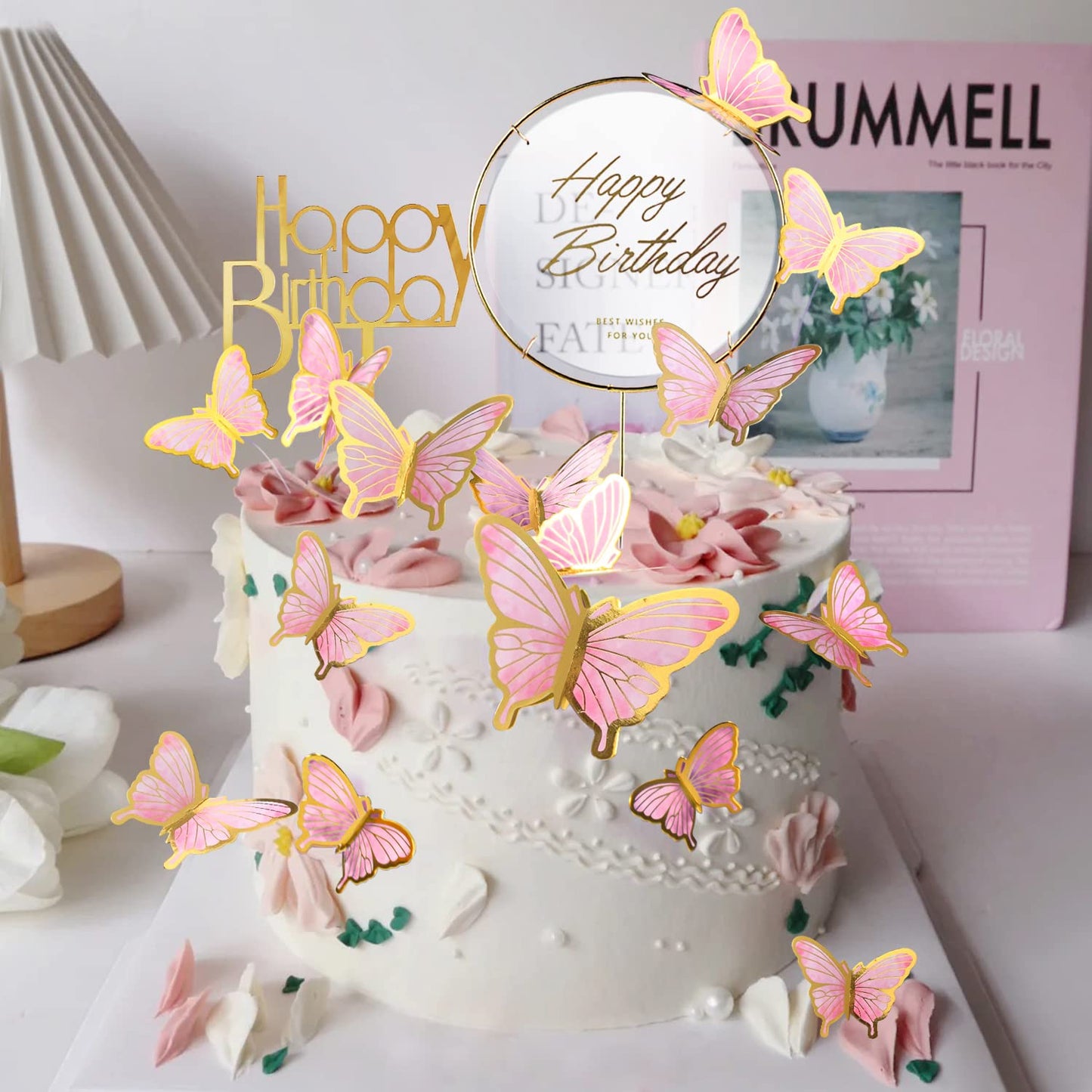 LANGPA 22-Pieces Butterfly Cake Decorations With Happy Birthday Acrylic Toppers Pink