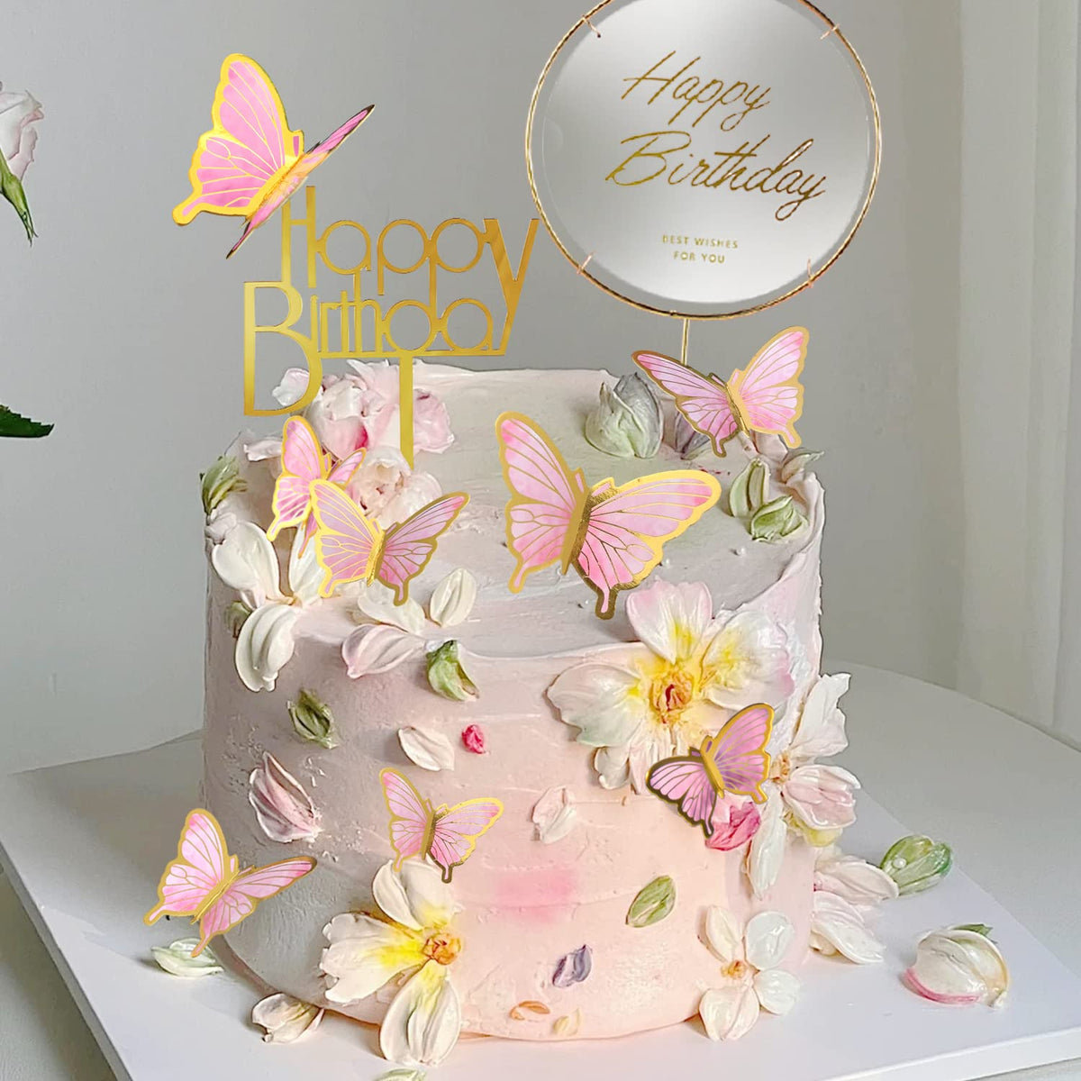 LANGPA 22-Pieces Butterfly Cake Decorations With Happy Birthday Acrylic Toppers Pink