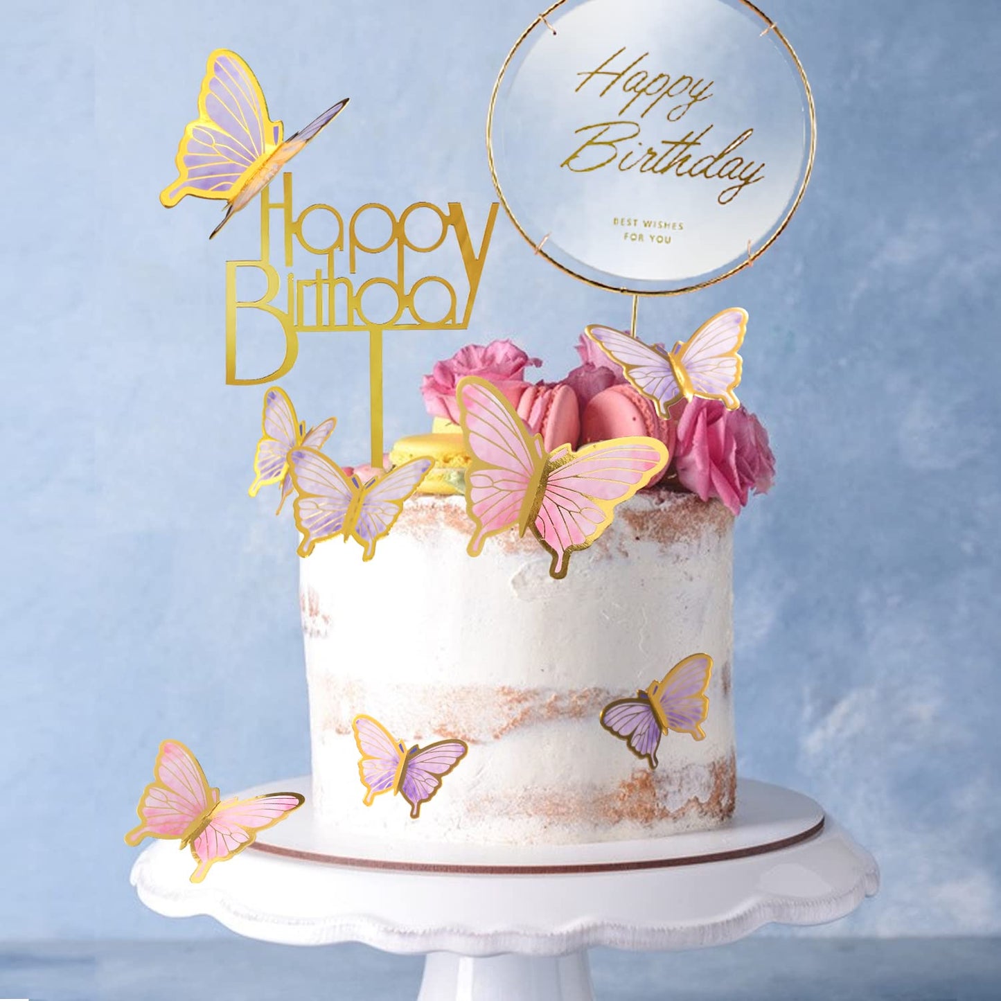 LANGPA 22-Pieces Butterfly Cake Decorations with Happy Birthday Toppers – Purple & Pink
