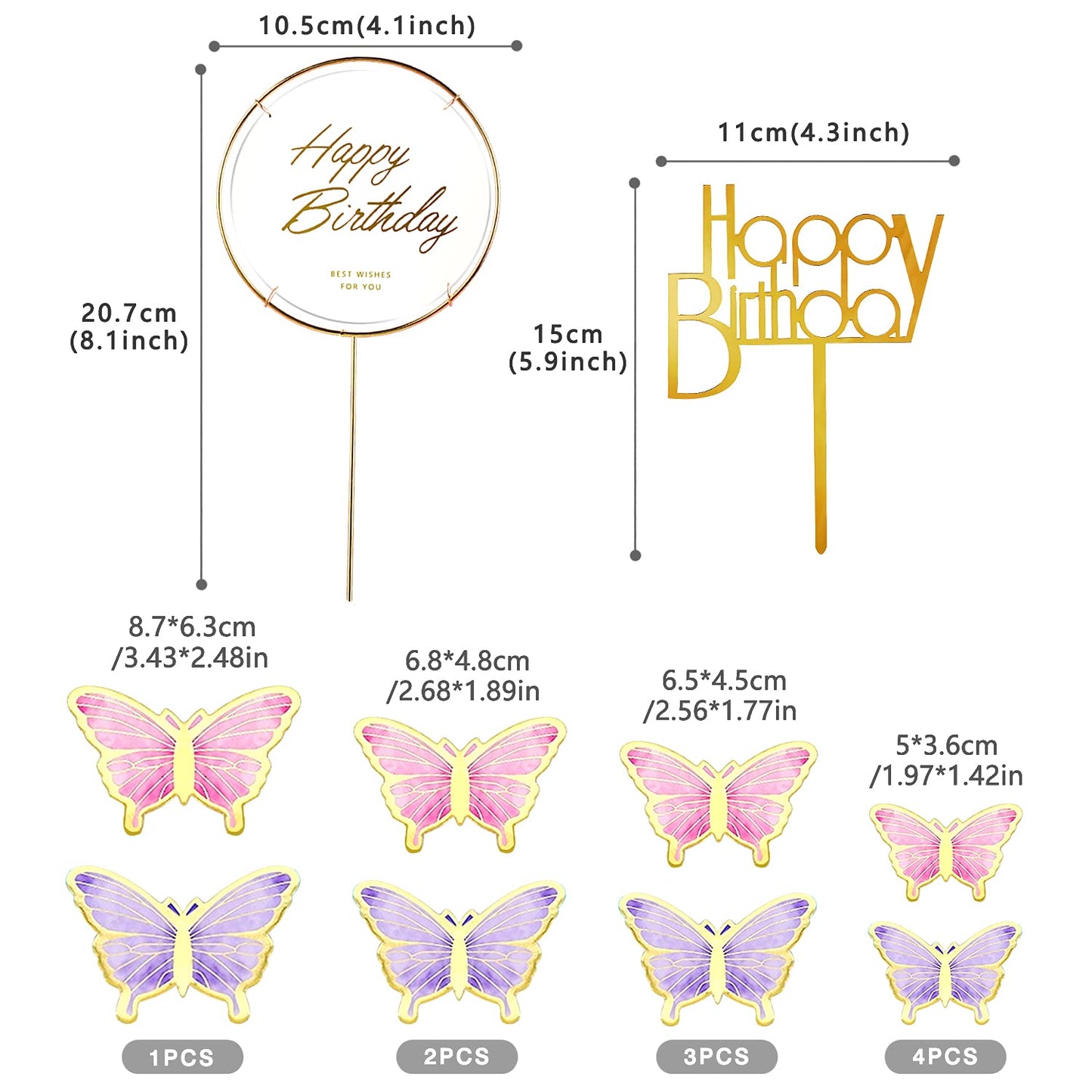 LANGPA 22-Pieces Butterfly Cake Decorations with Happy Birthday Toppers – Purple & Pink