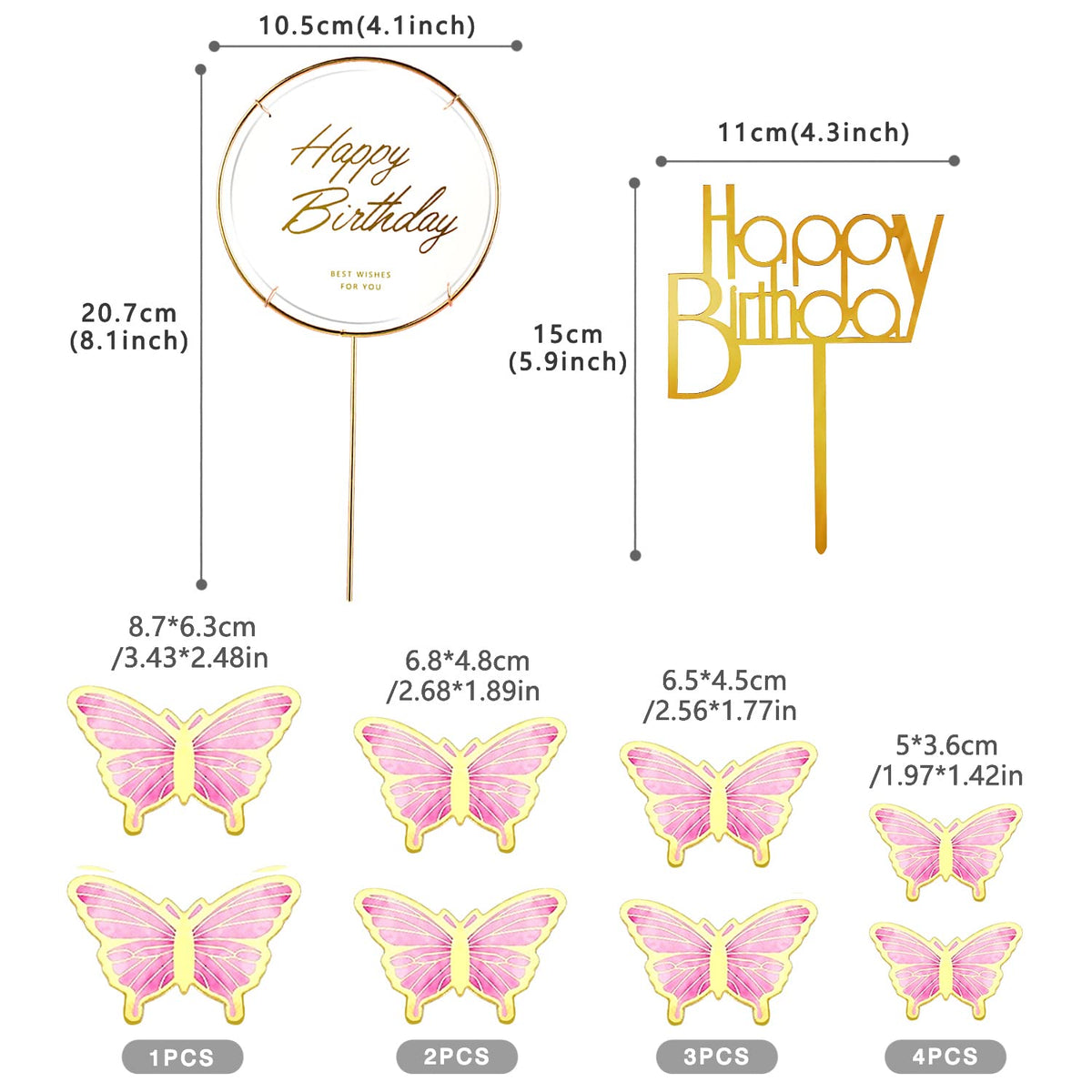 LANGPA 22-Pieces Butterfly Cake Decorations With Happy Birthday Acrylic Toppers Pink