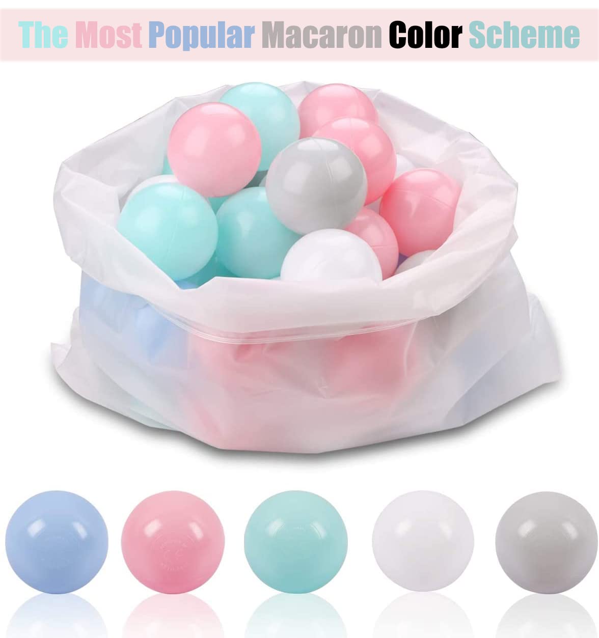 LANGXUN Ball Pit Balls — 50 Soft Plastic Balls, 2.2-inch Diameter, 5-Color Set (White, Pink, Cyan, Blue, Gray)