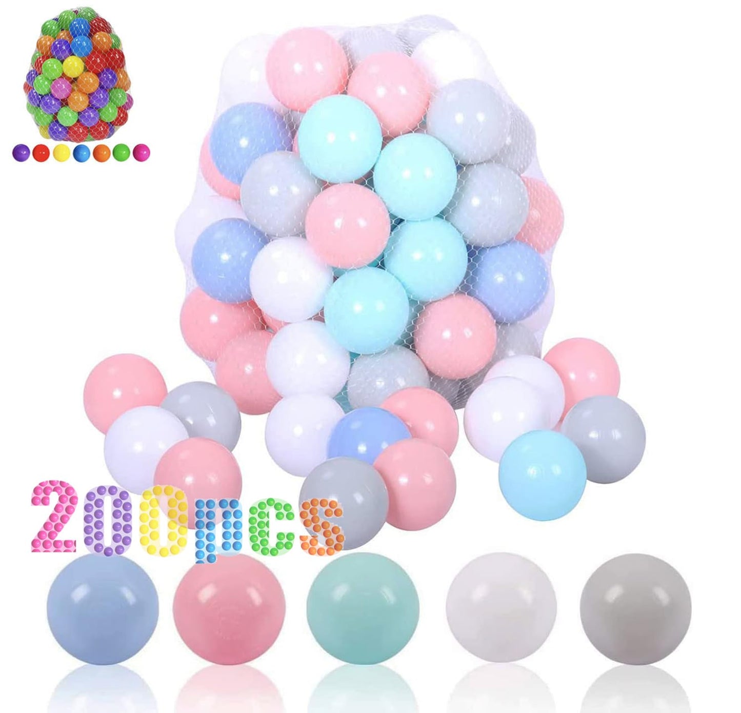 LANGXUN Ball Pit Balls — 50 Soft Plastic Balls, 2.2-inch Diameter, 5-Color Set (White, Pink, Cyan, Blue, Gray)