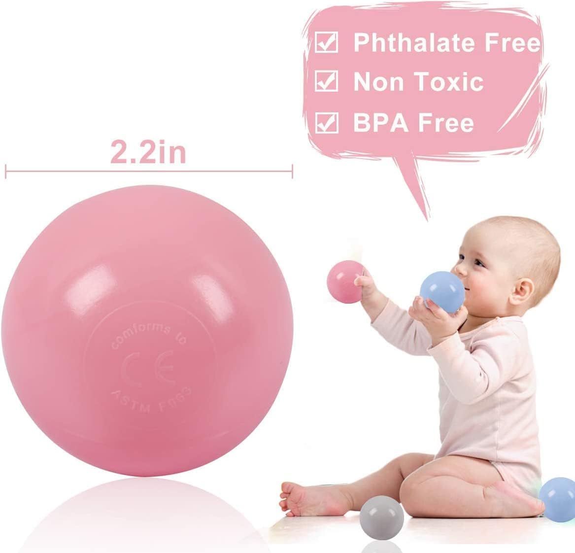 LANGXUN Ball Pit Balls — 50 Soft Plastic Balls, 2.2-inch Diameter, 5-Color Set (White, Pink, Cyan, Blue, Gray)