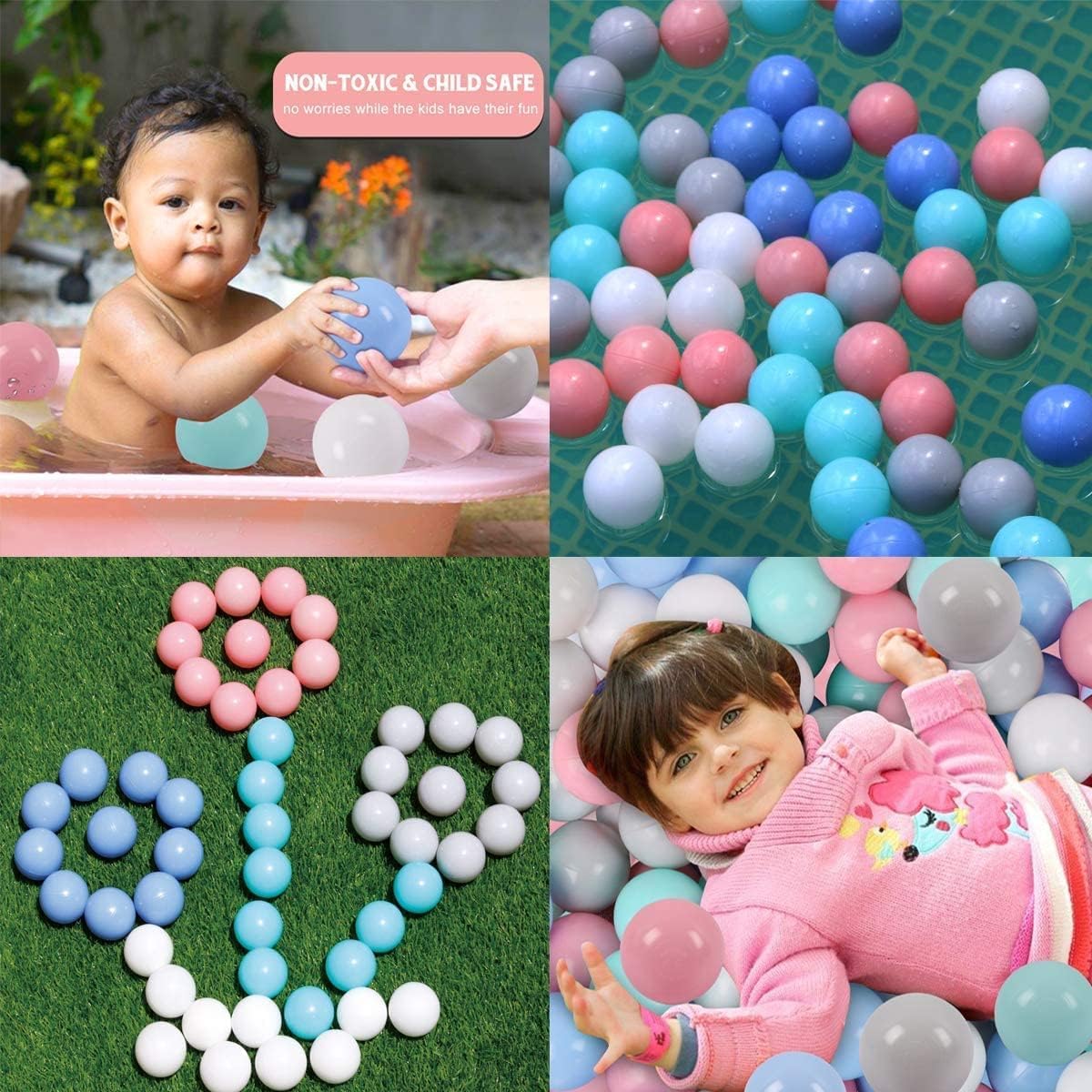 LANGXUN Ball Pit Balls — 50 Soft Plastic Balls, 2.2-inch Diameter, 5-Color Set (White, Pink, Cyan, Blue, Gray)