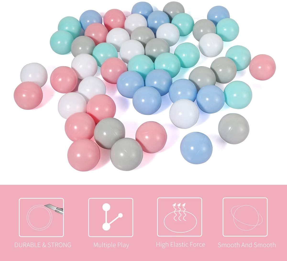 LANGXUN Ball Pit Balls — 50 Soft Plastic Balls, 2.2-inch Diameter, 5-Color Set (White, Pink, Cyan, Blue, Gray)