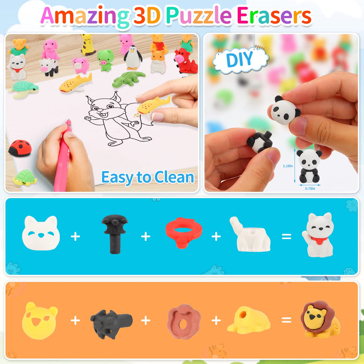 LanMa 70Pcs Animal Erasers – 3D Puzzle Take-Apart Desk Toys for Kids