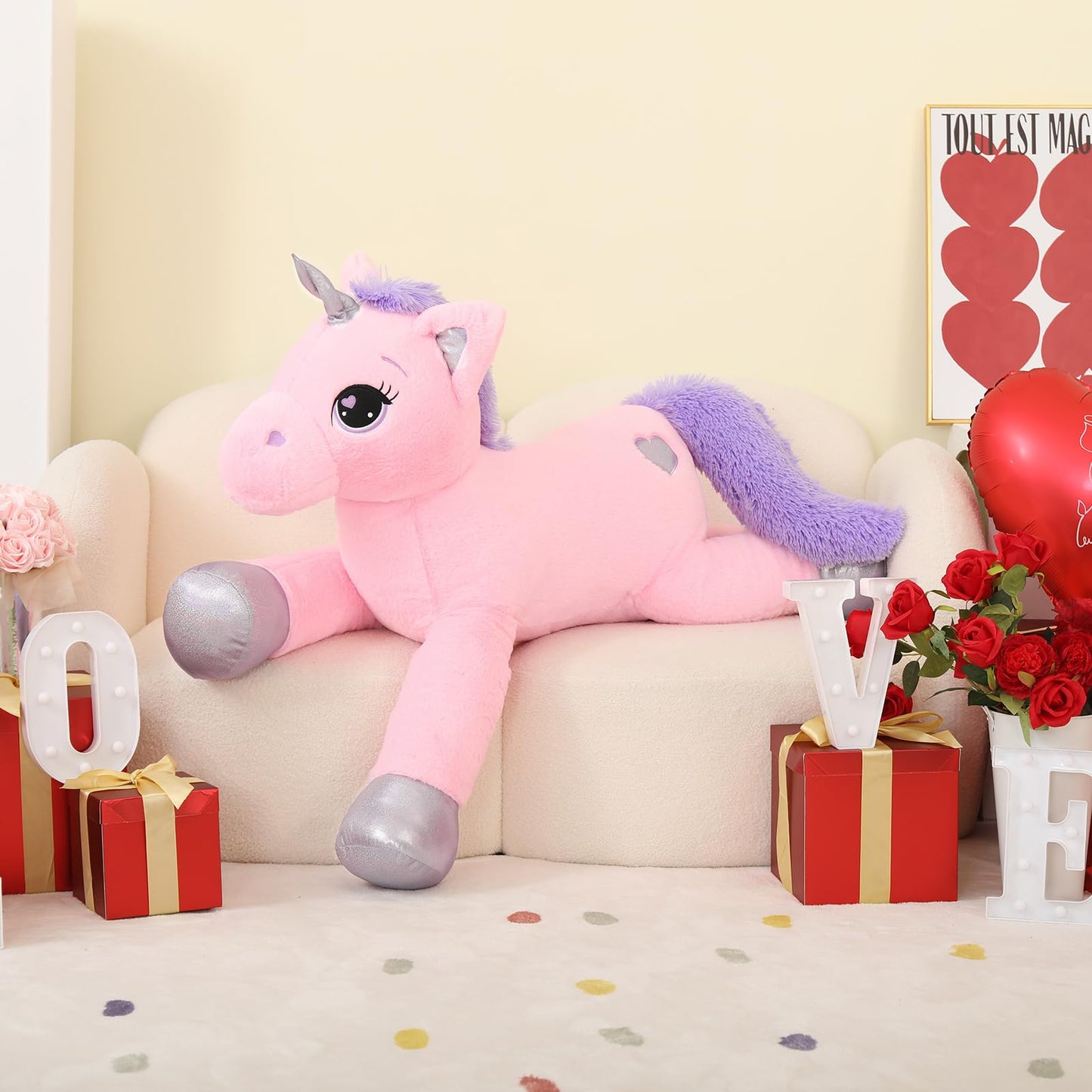 Lanmore Giant 43-Inch Unicorn Plush Pillow — Soft Pink Stuffed Toy