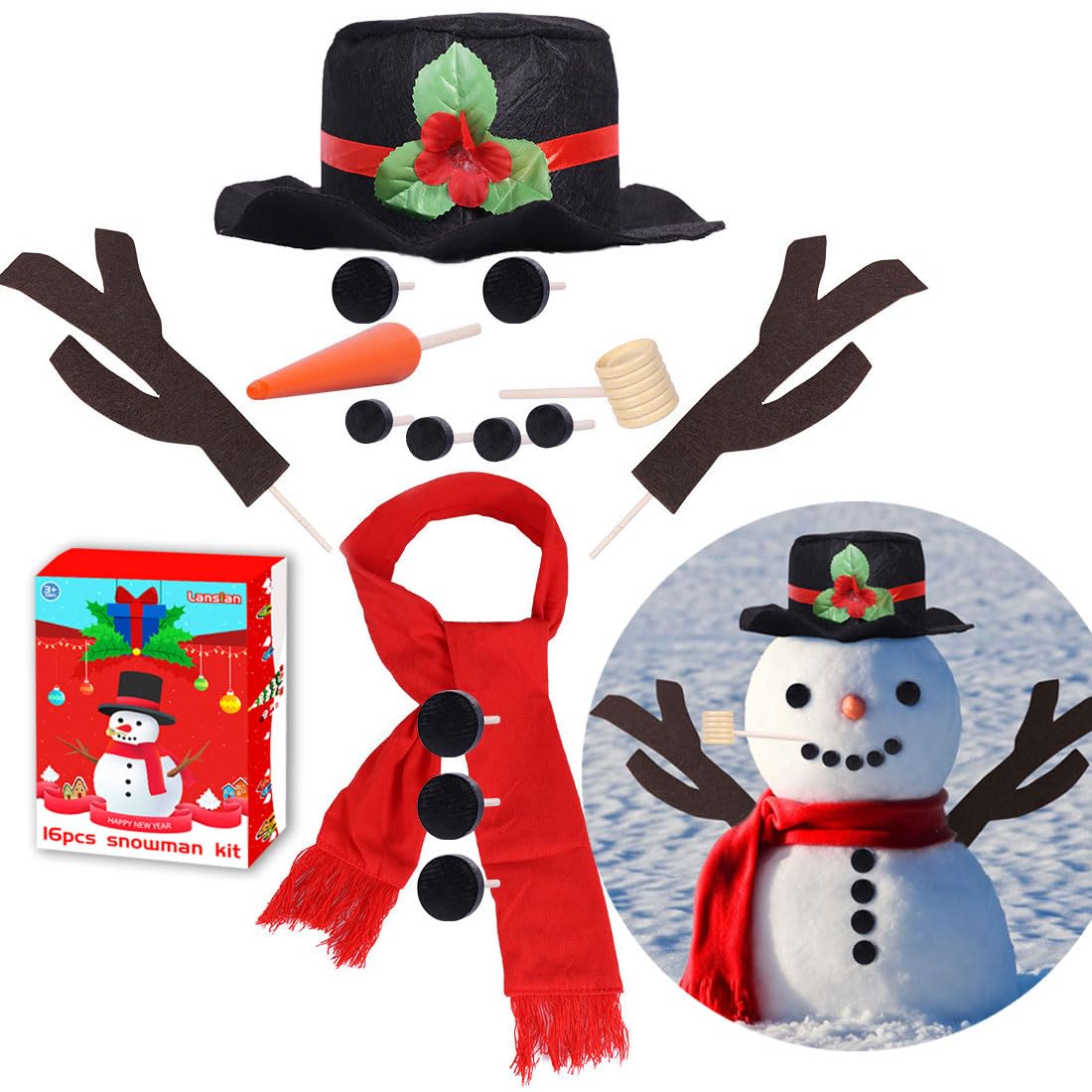 Lansian 16Pcs Christmas Snowman Decorating Kit | Outdoor Winter Fun for Kids