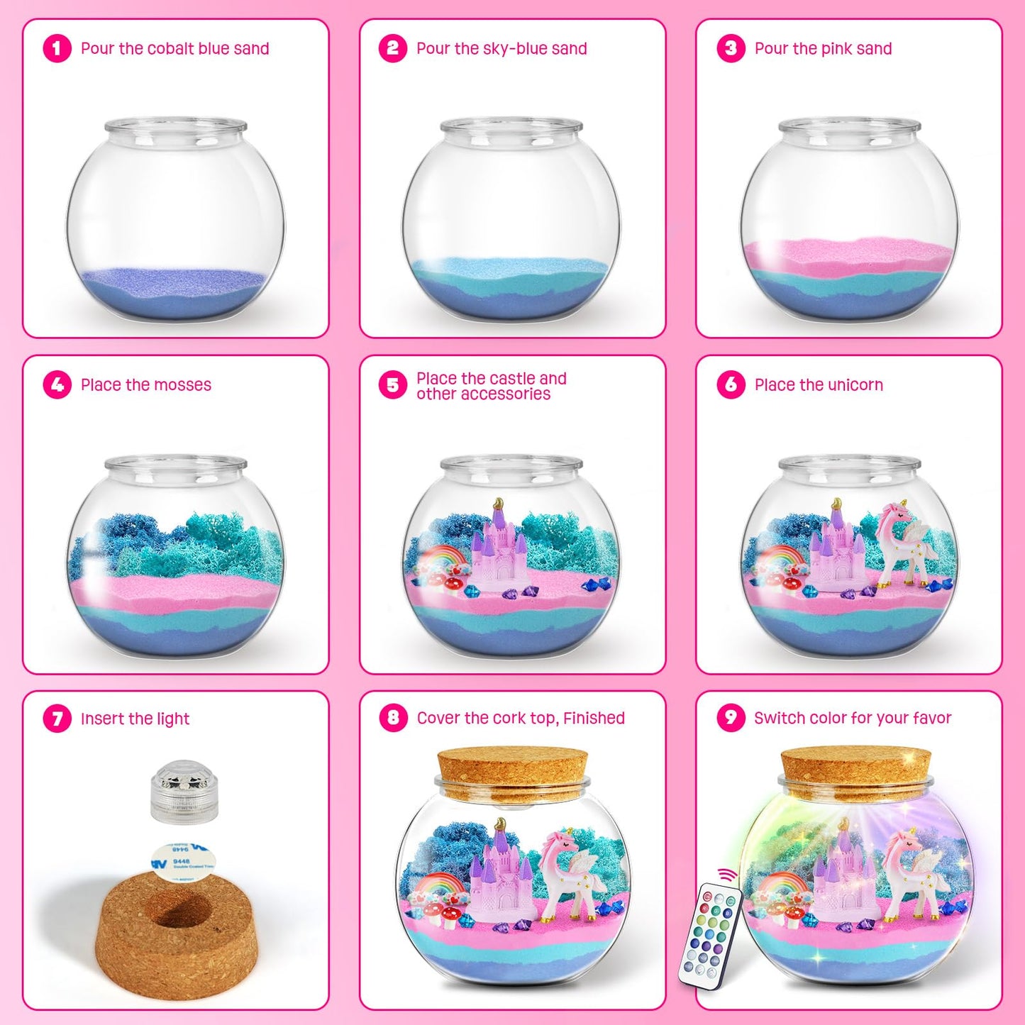 LAOESE Unicorn Light-Up Terrarium Kit for Kids – DIY LED Night Light & Craft Activity