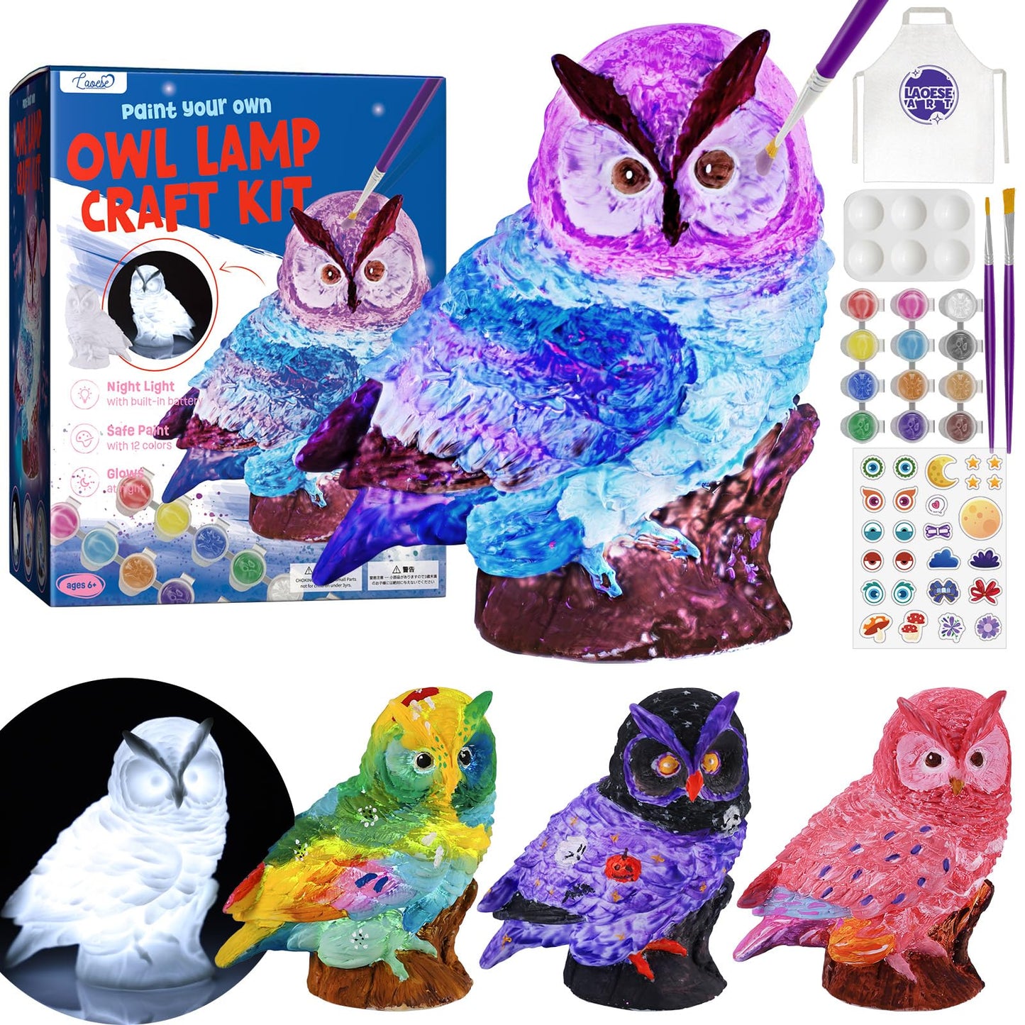 LAOESE Paint Your Own Owl Lamp Kit – Kids Craft Kit for Ages 6–12, Creative Night Light