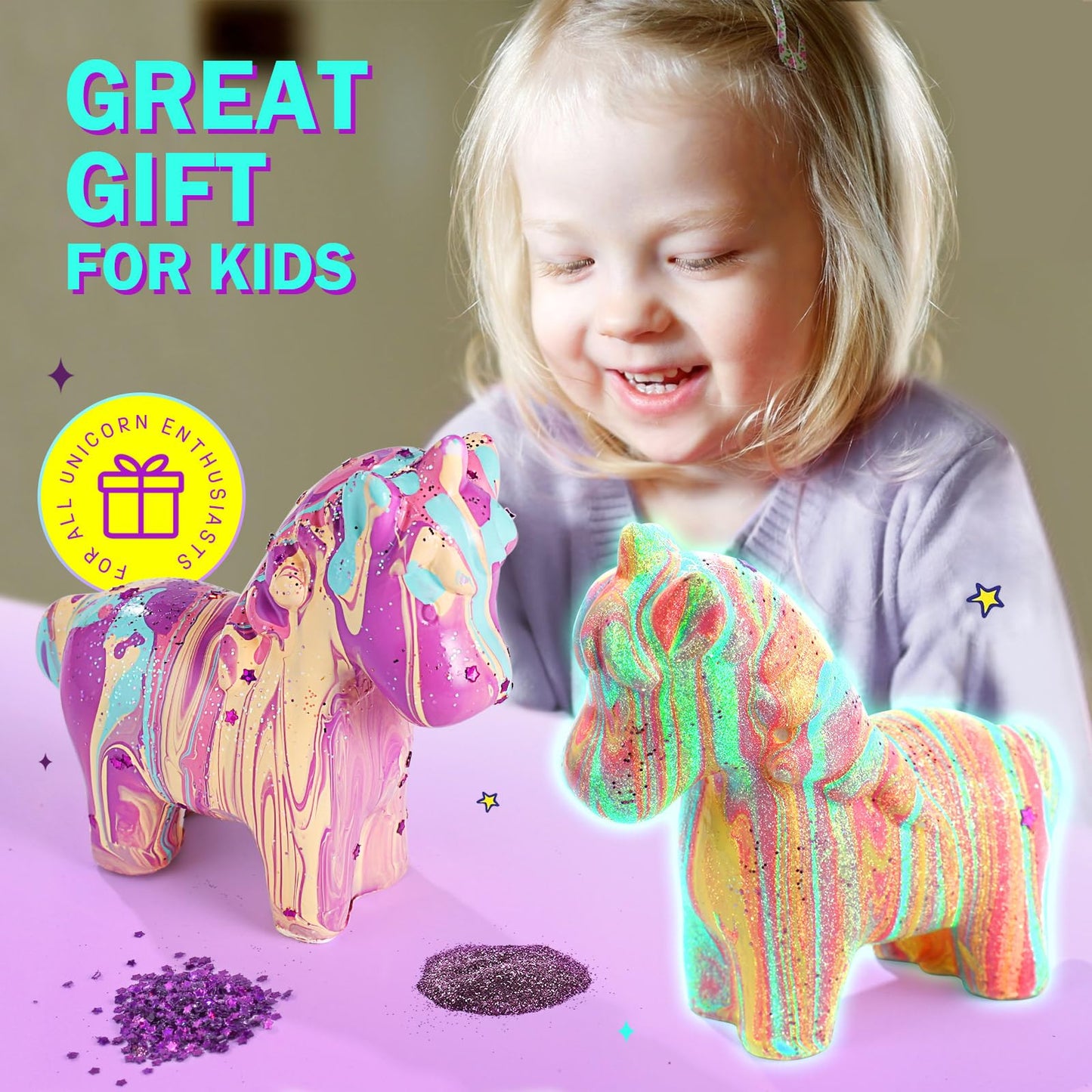 LAOESE Unicorns Paint Pouring Art Kit - Glow-in-the-Dark Unicorn Craft for Kids Aged 6-12