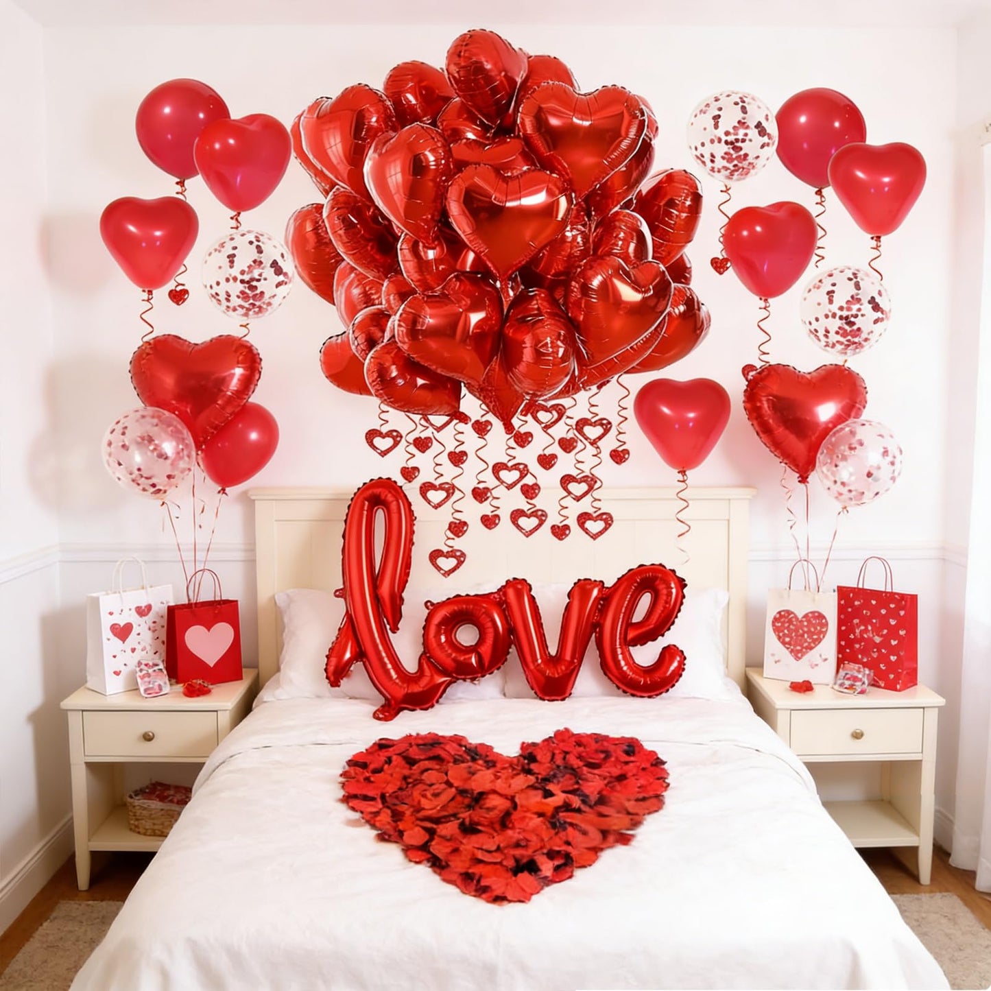 LAOREI Valentine’s Decorations Kit – GiantLOVE Balloon, Red Petals & Heart Ornaments