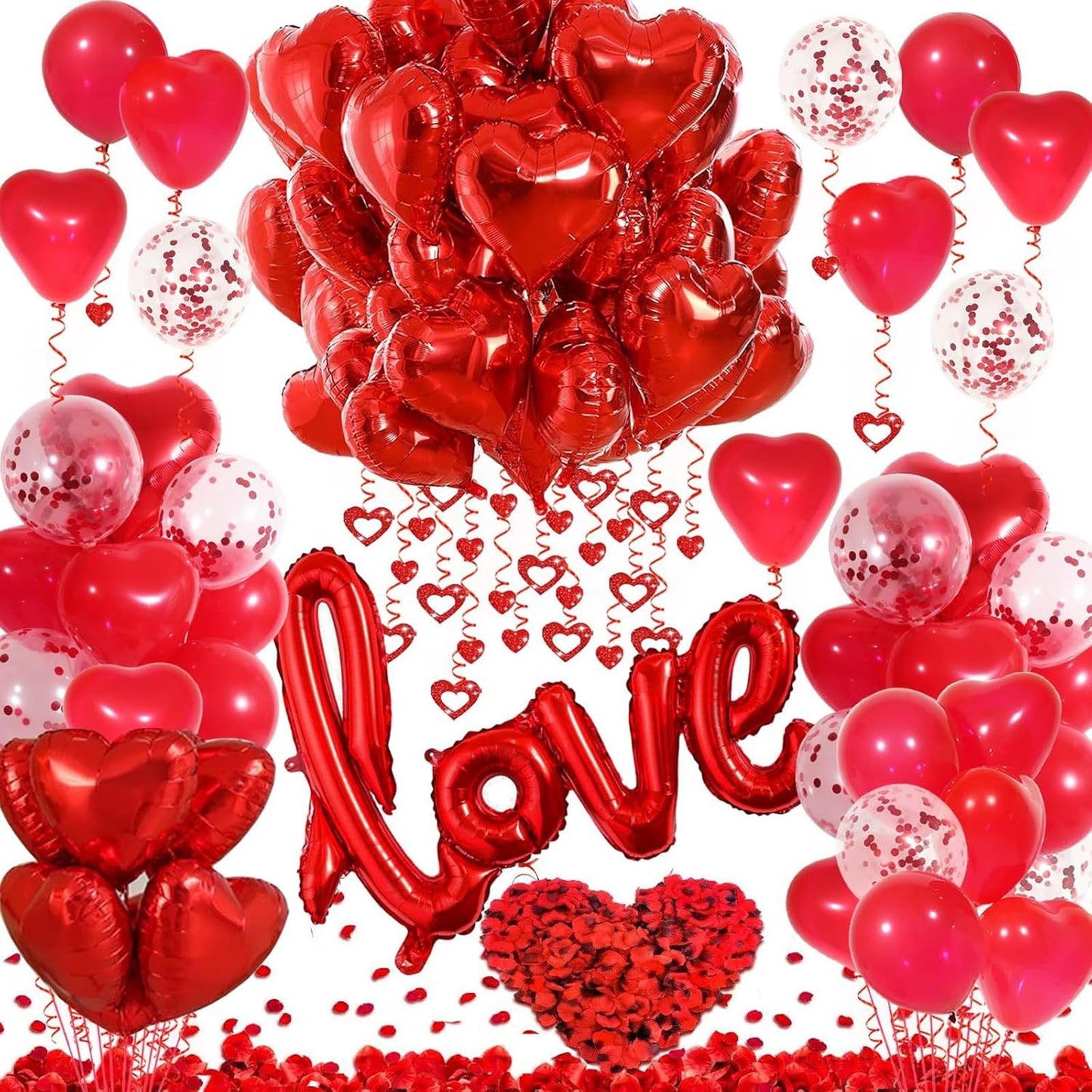 LAOREI Valentine’s Decorations Kit – GiantLOVE Balloon, Red Petals & Heart Ornaments