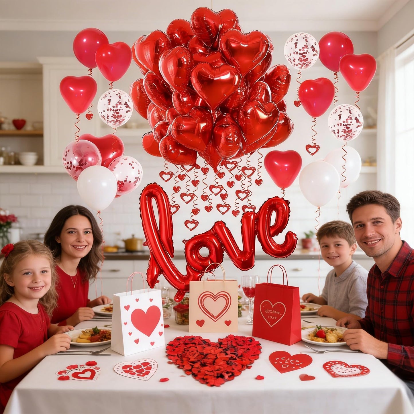 LAOREI Valentine’s Decorations Kit – GiantLOVE Balloon, Red Petals & Heart Ornaments