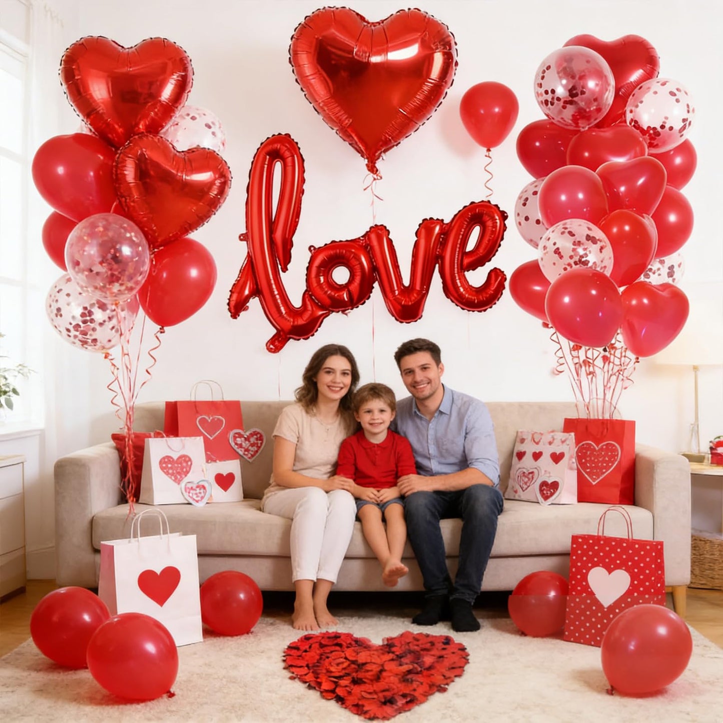 LAOREI Valentine’s Decorations Kit – GiantLOVE Balloon, Red Petals & Heart Ornaments