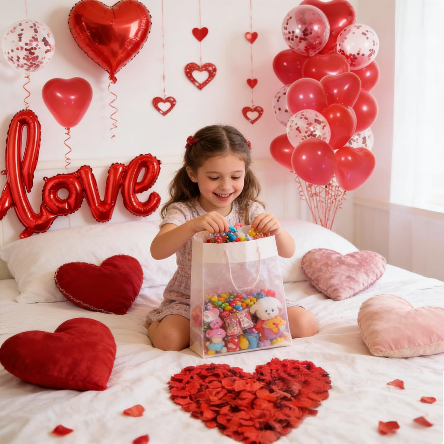 LAOREI Valentine’s Decorations Kit – GiantLOVE Balloon, Red Petals & Heart Ornaments